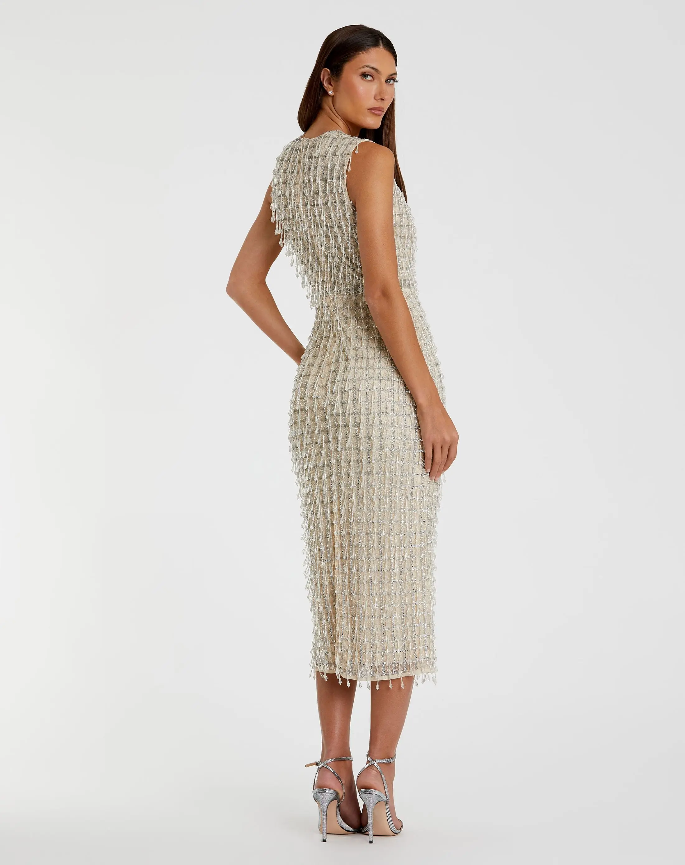 Beige Sleeveless High Neck Beaded Midi Sheath Dress - Image 3