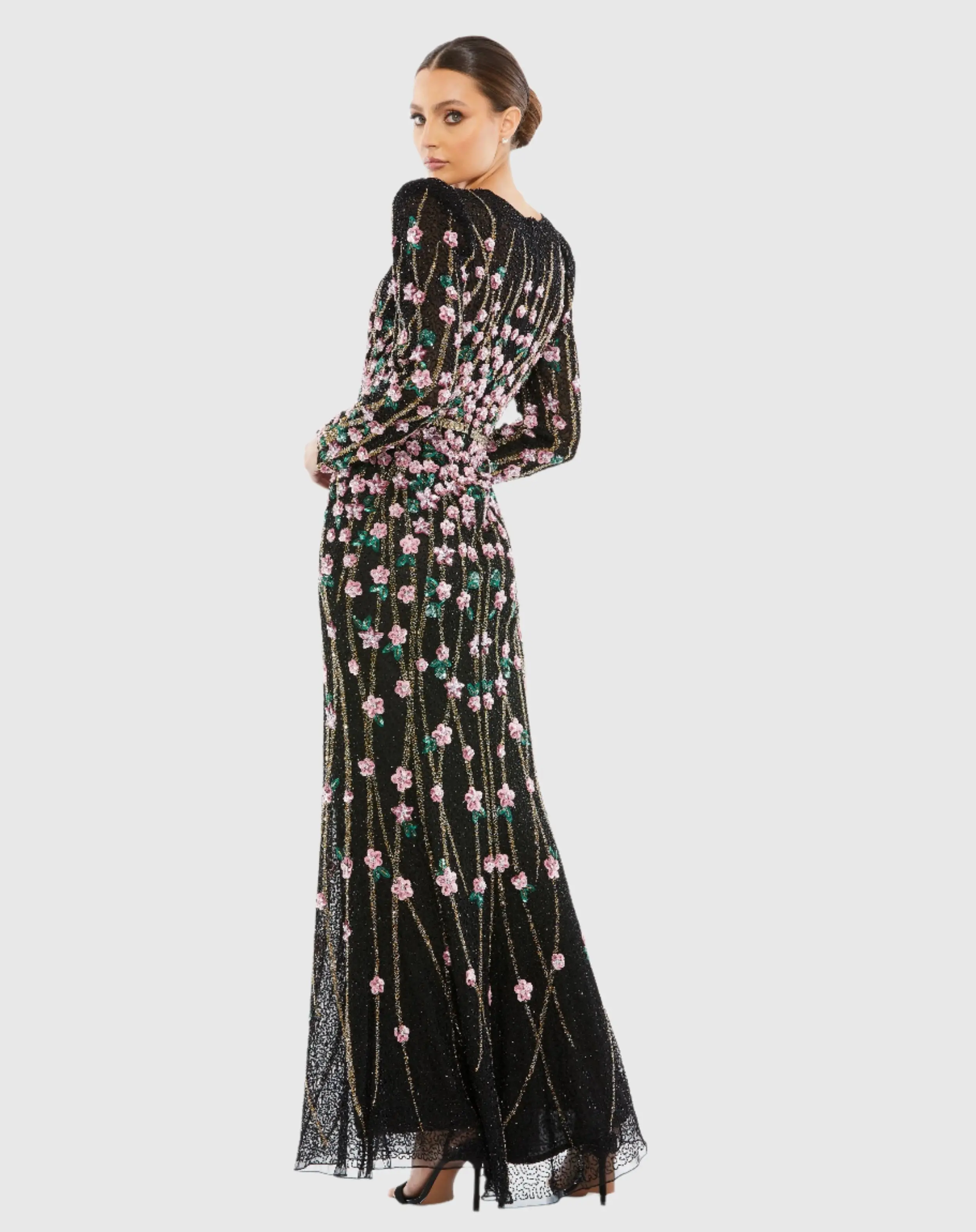 Black Embellished High Neck Long Sleeve Gown - Image 3