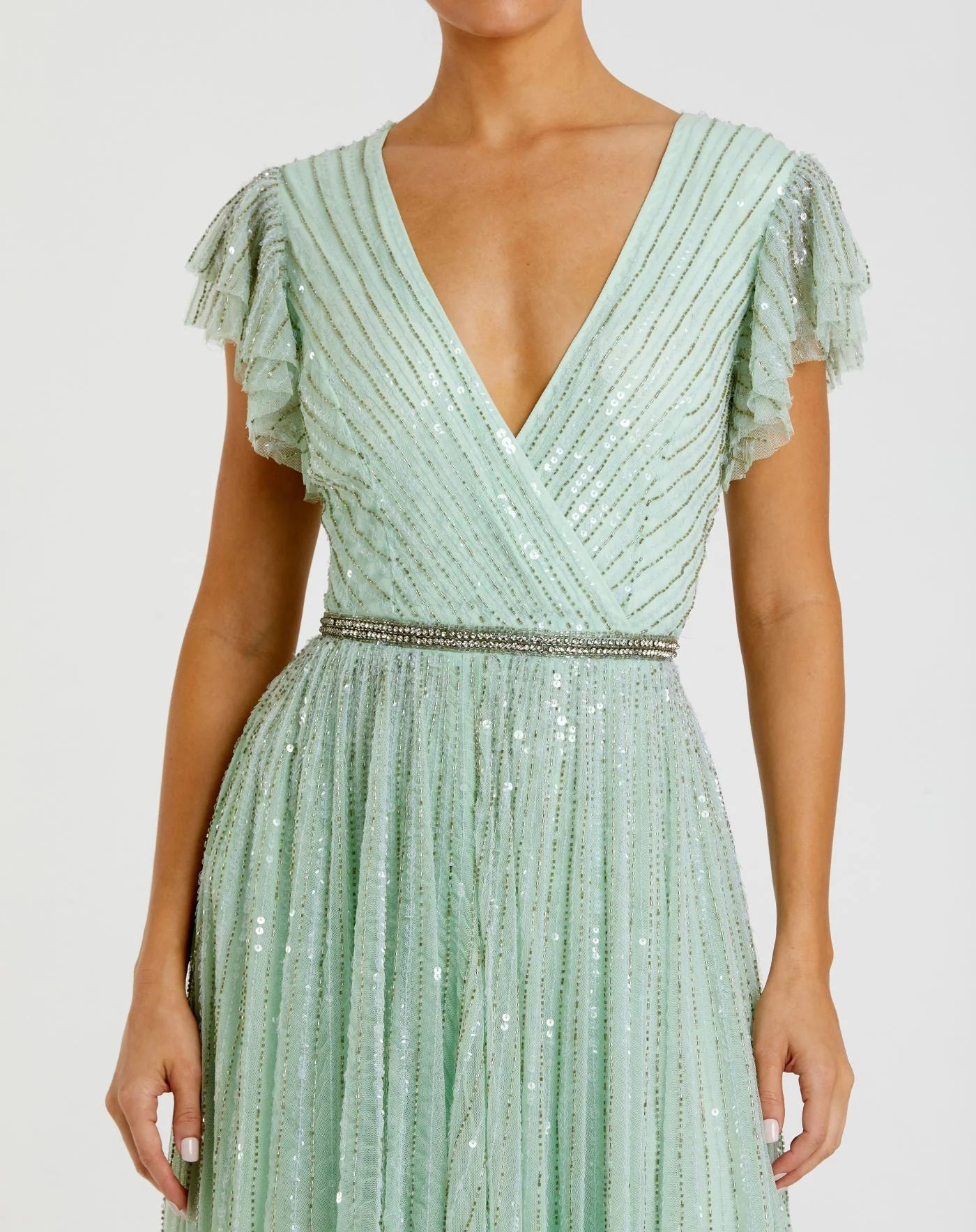 Green Sequined Wrap Over Ruffled Cap Sleeve Gown - Image 2