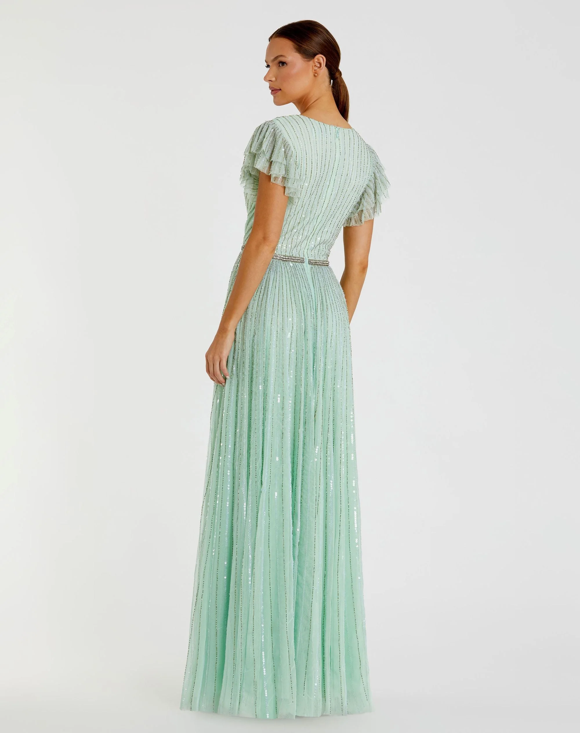 Green Sequined Wrap Over Ruffled Cap Sleeve Gown - Image 3