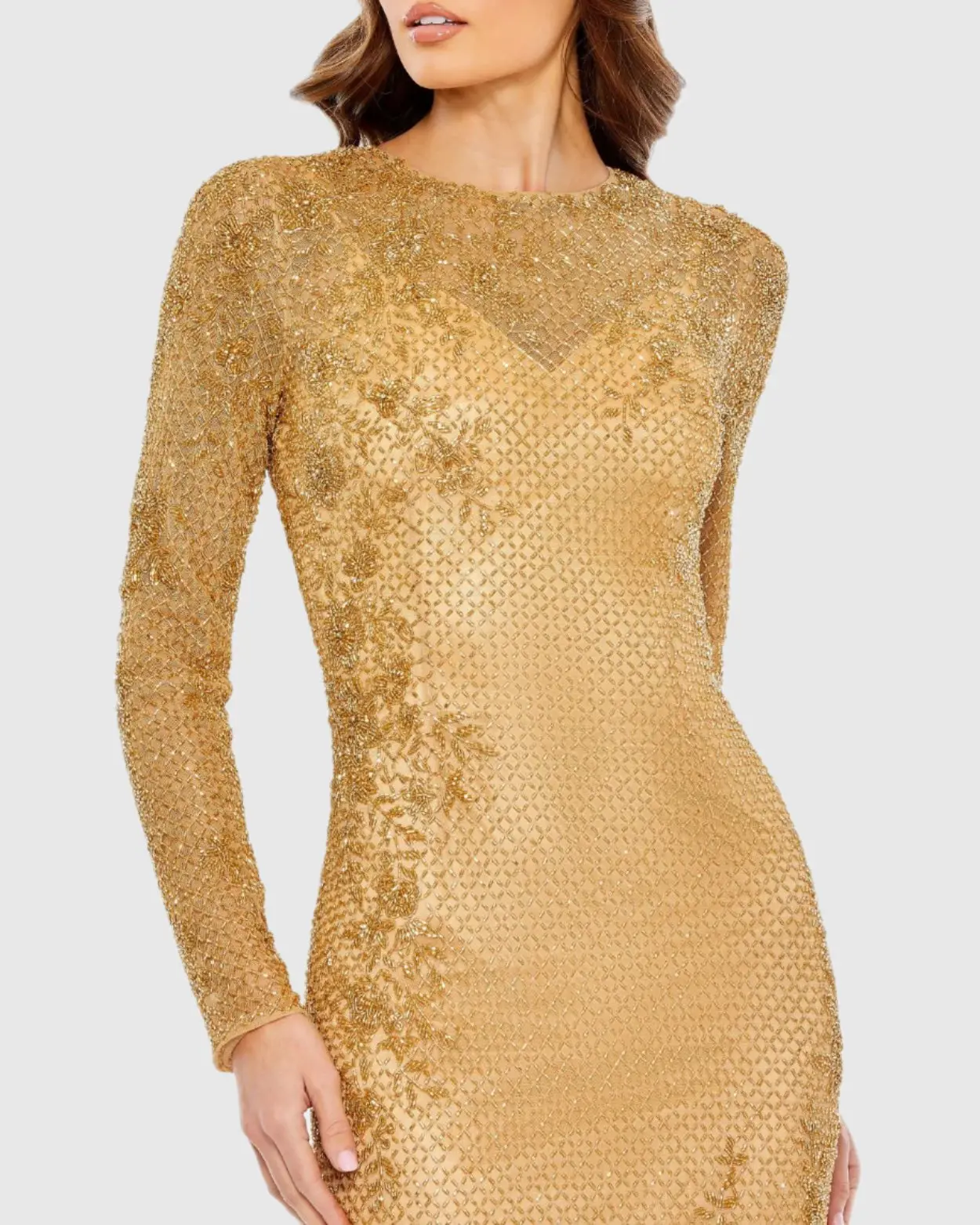 Gold Long Sleeve Beaded Evening Gown - Image 2