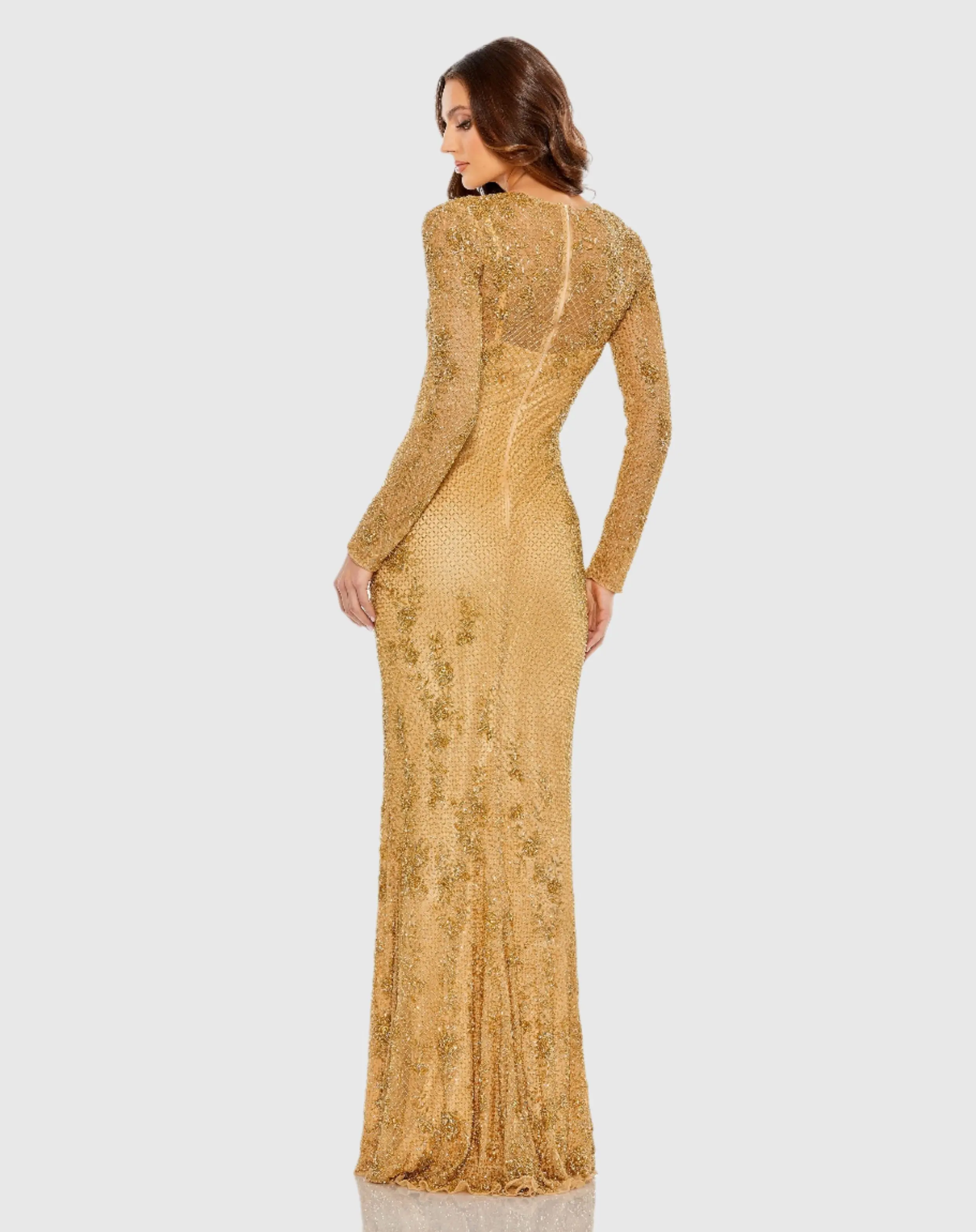 Gold Long Sleeve Beaded Evening Gown - Image 3