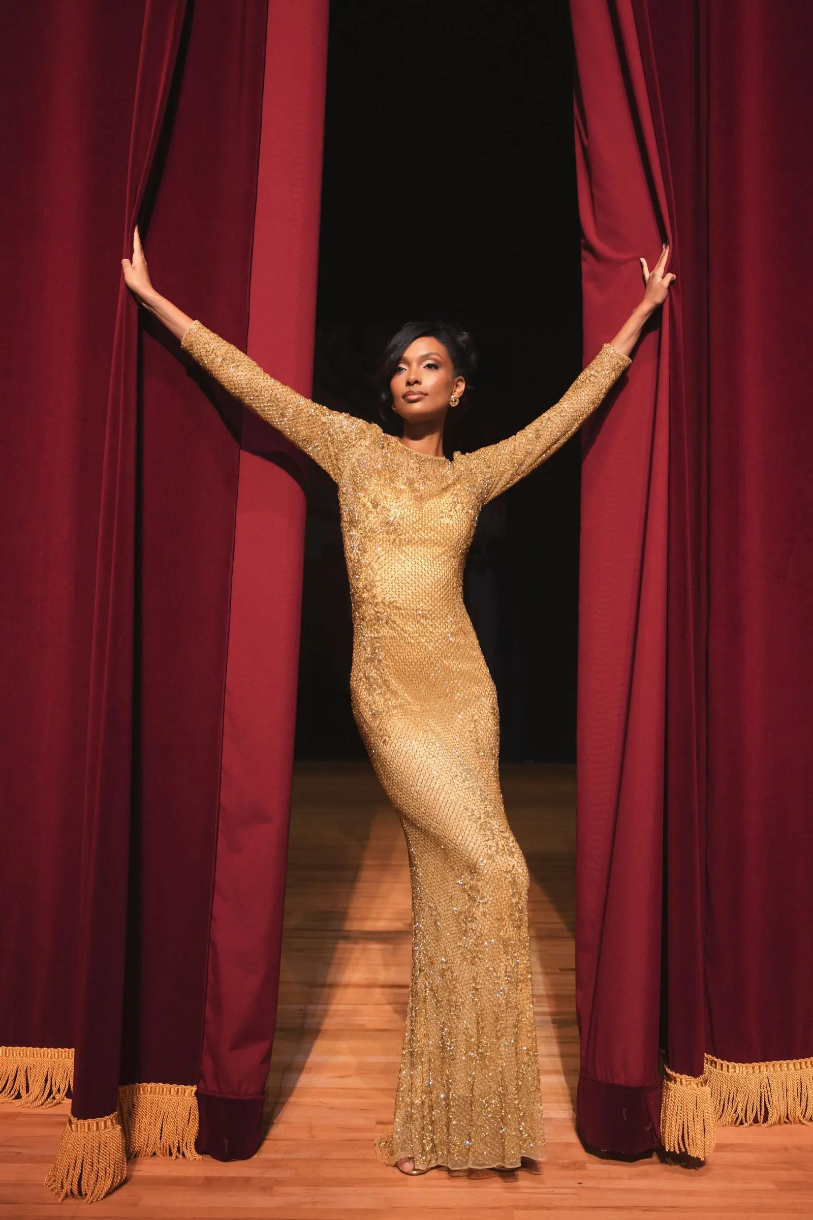 Gold Long Sleeve Beaded Evening Gown - Image 4