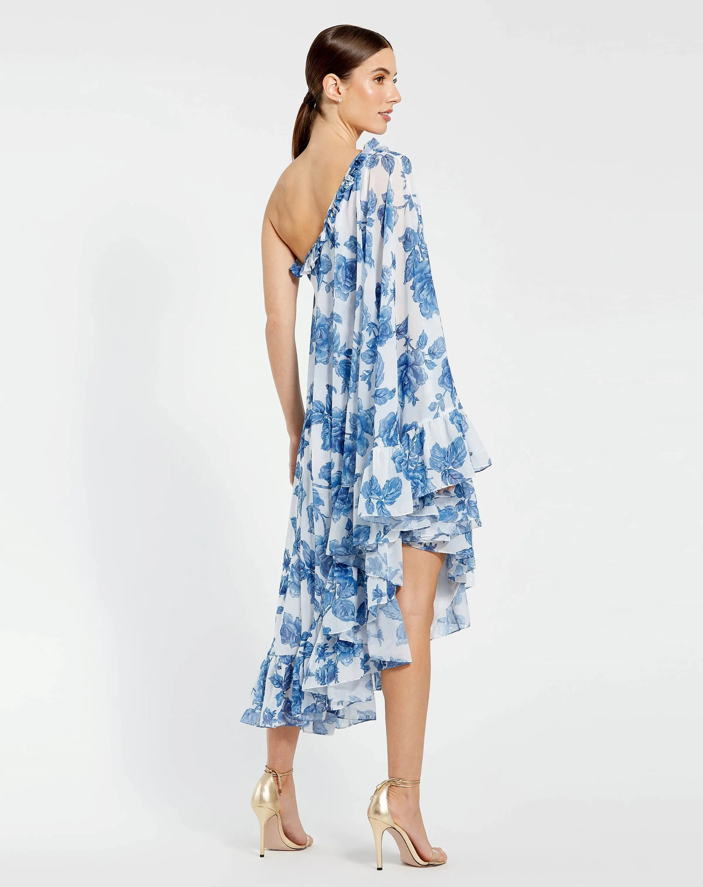 White and Blue Floral Print One Shoulder Cape Dress - Image 3