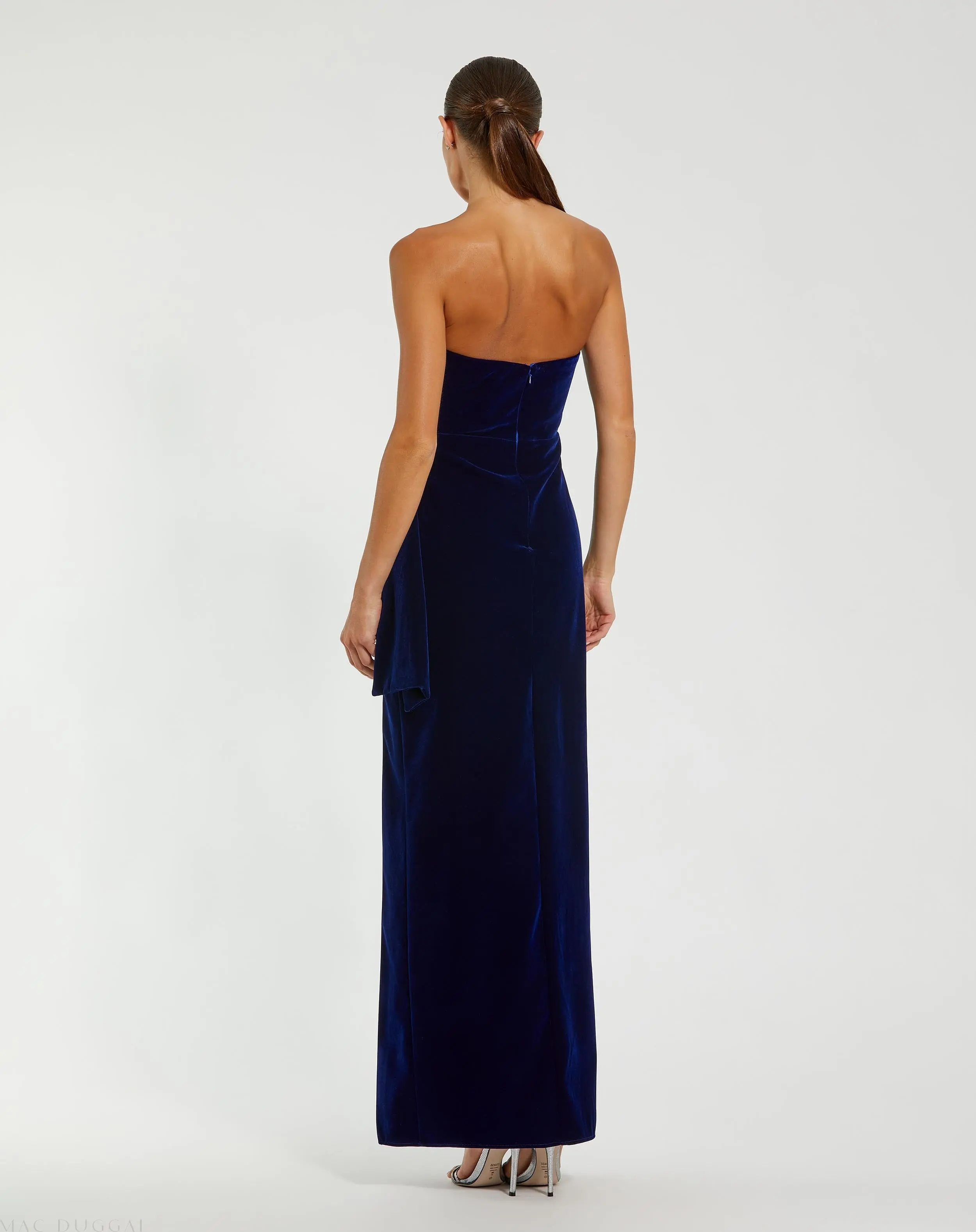 Blue Strapless High Slit Draped Velvet Gown - Image 3