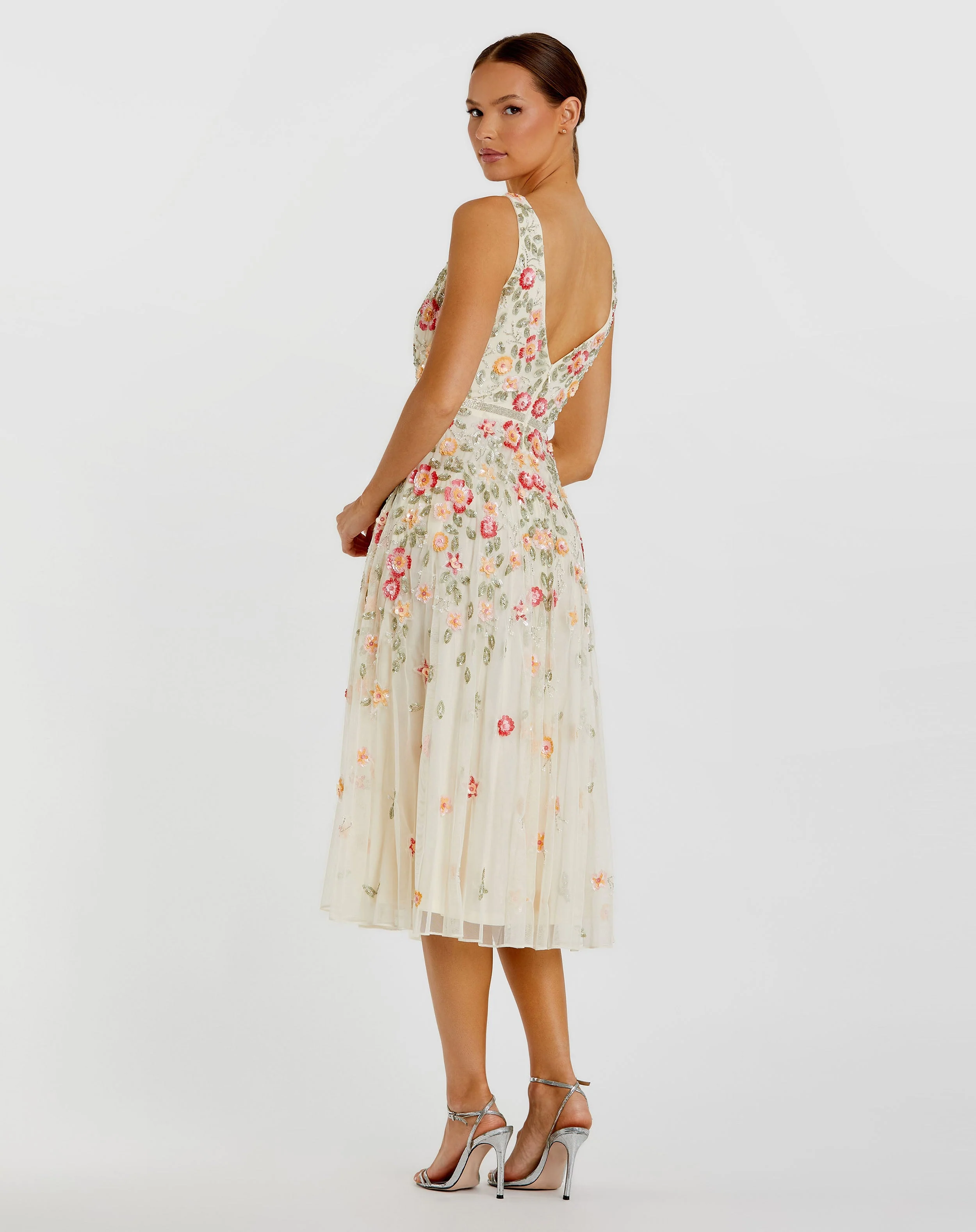 White V-Neck Sleeveless Midi Floral Beaded A-line Dress - Image 3