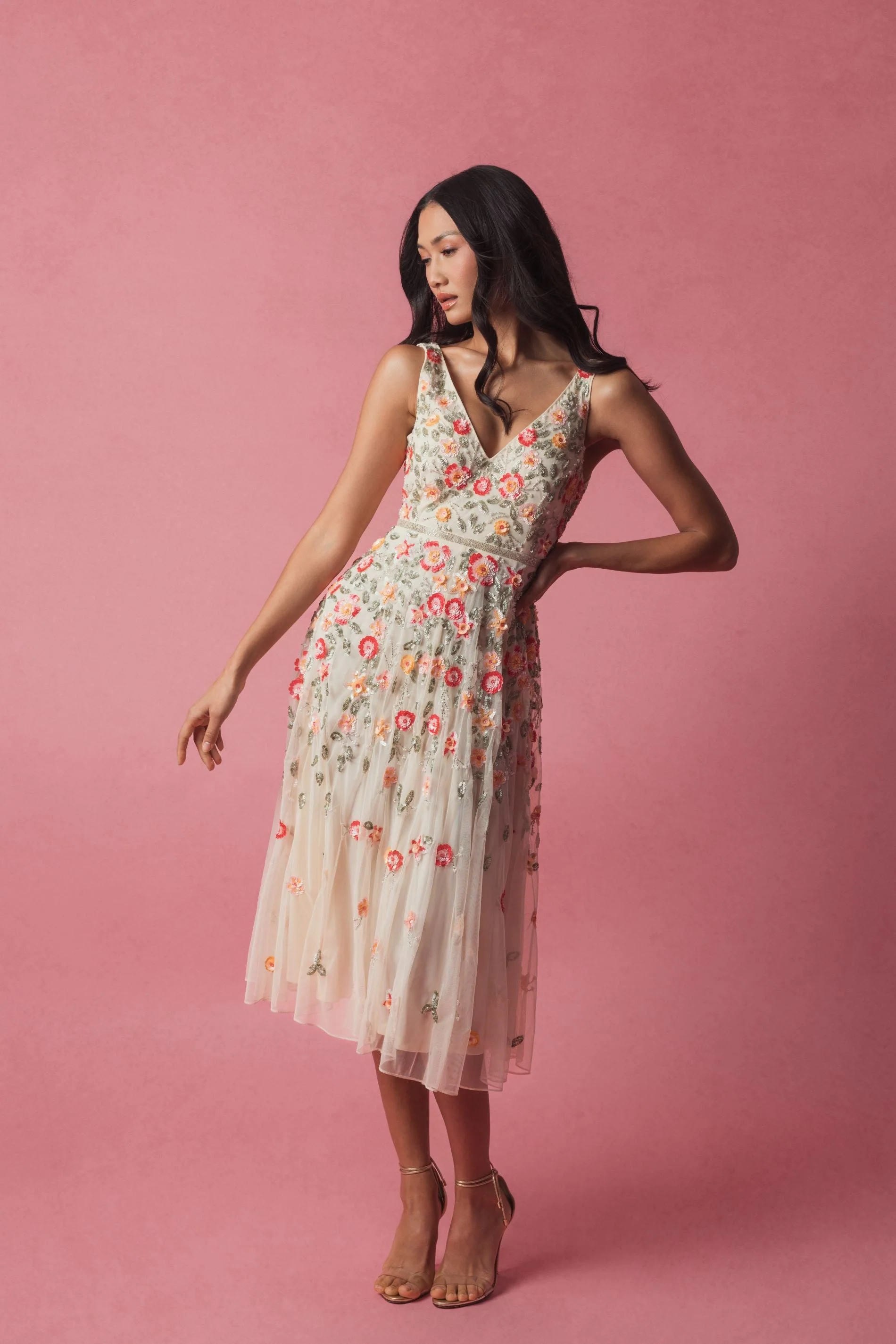 White V-Neck Sleeveless Midi Floral Beaded A-line Dress - Image 6