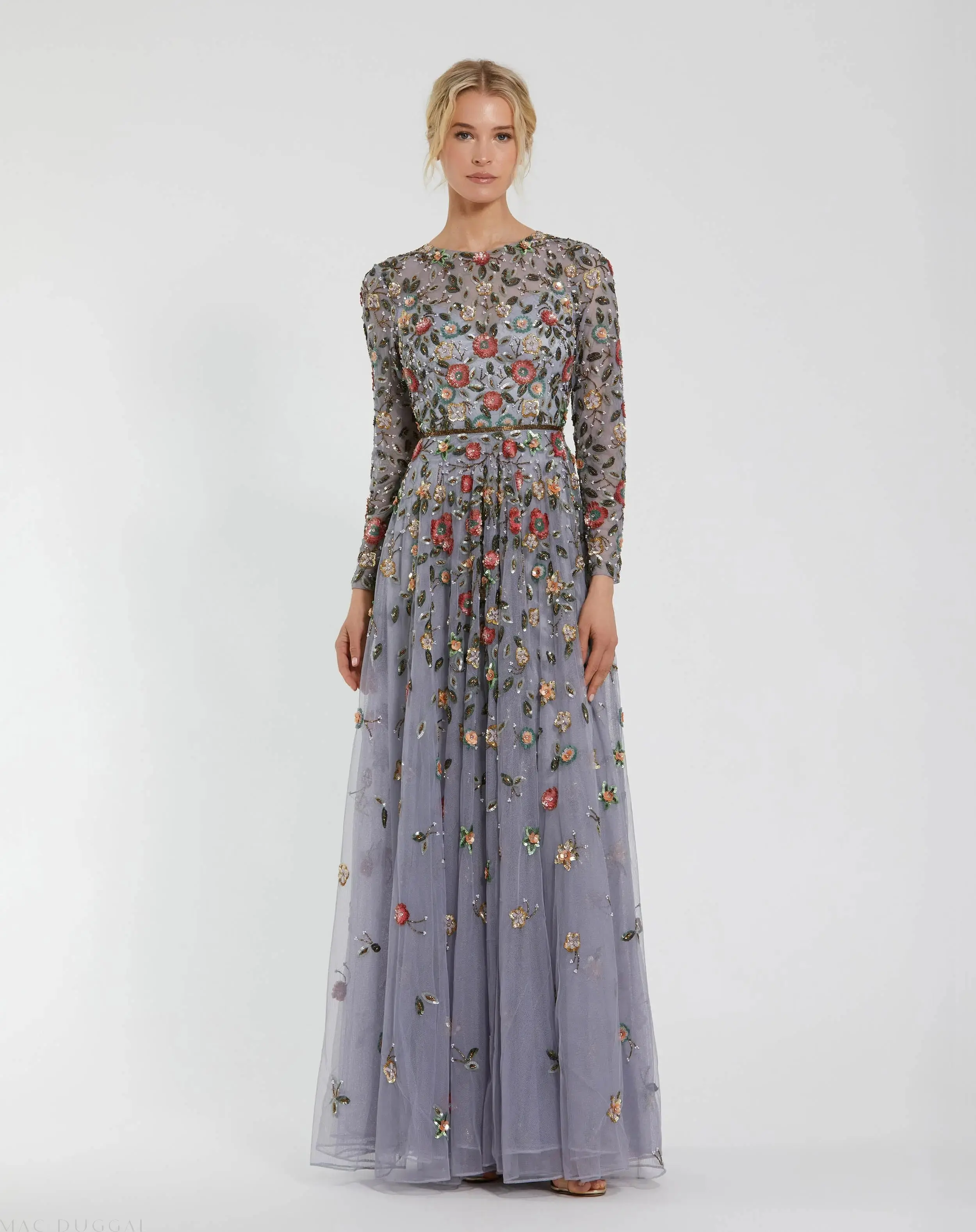 Embellished High Neck Long Sleeve A Line Gown - Image 4