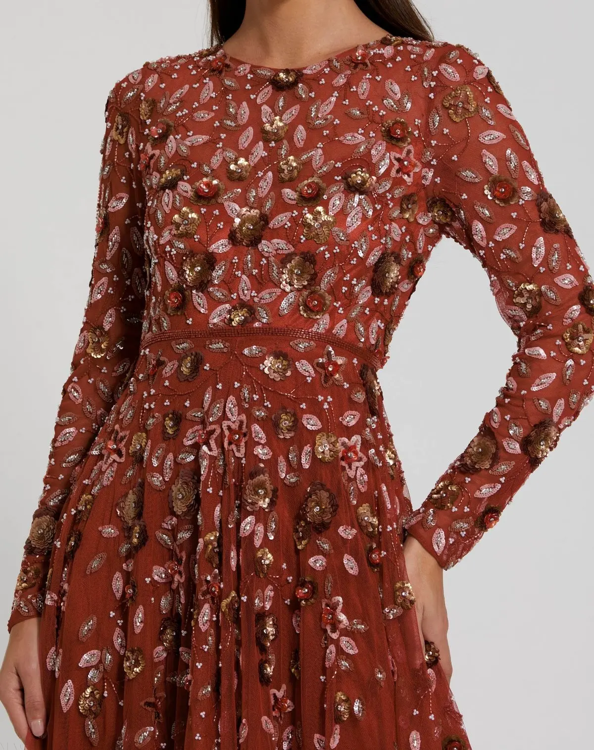Red Embellished High Neck Long Sleeve A Line Gown - Image 2