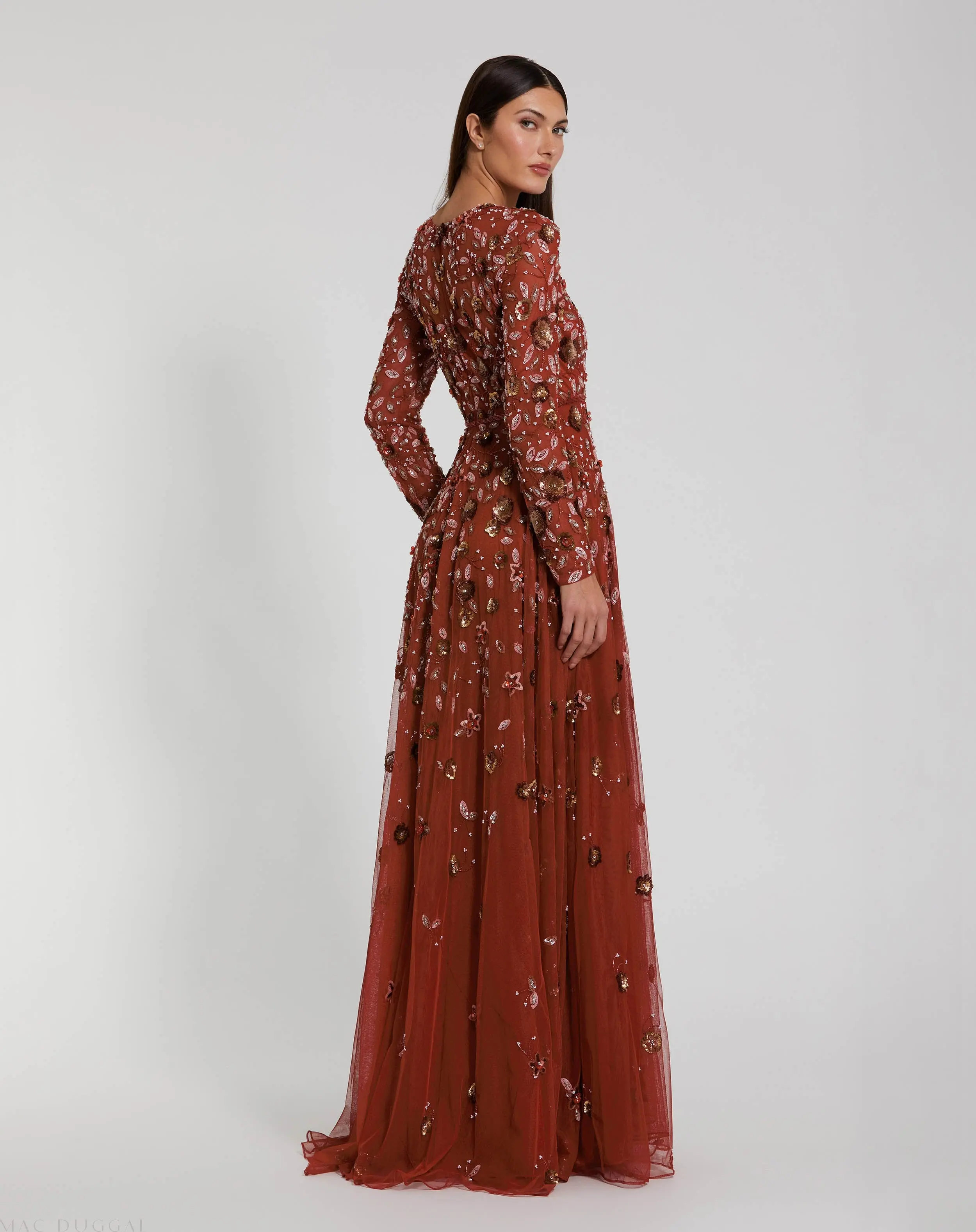 Red Embellished High Neck Long Sleeve A Line Gown - Image 3