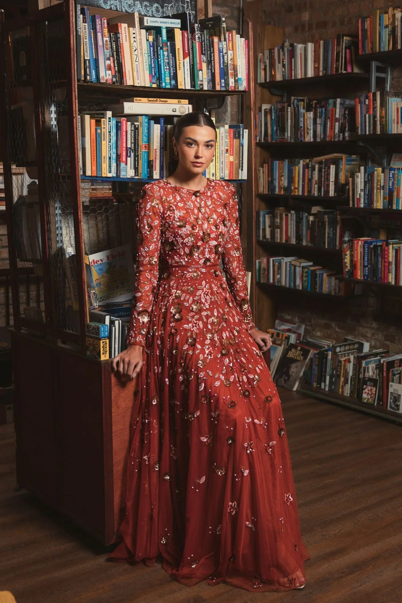Red Embellished High Neck Long Sleeve A Line Gown - Image 4