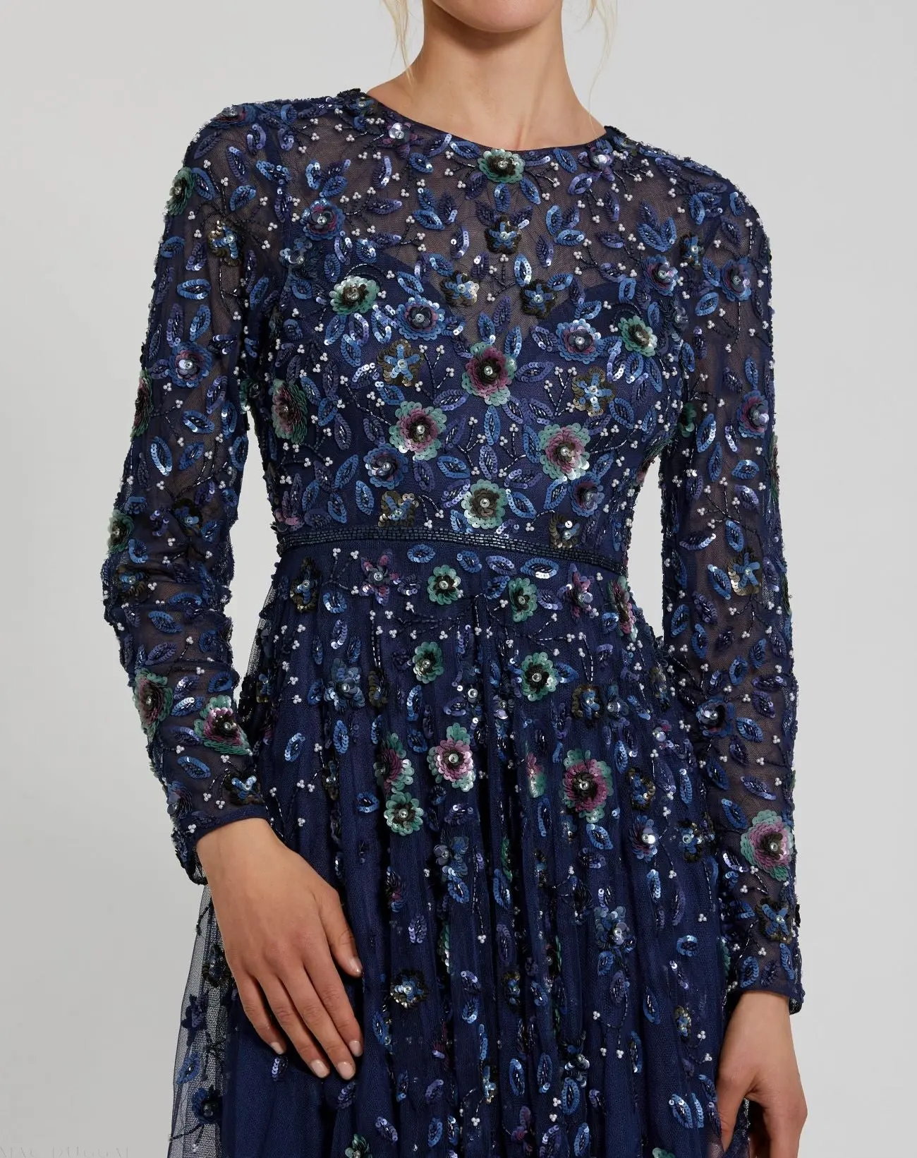 Navy Embellished High Neck Long Sleeve A Line Gown - Image 2