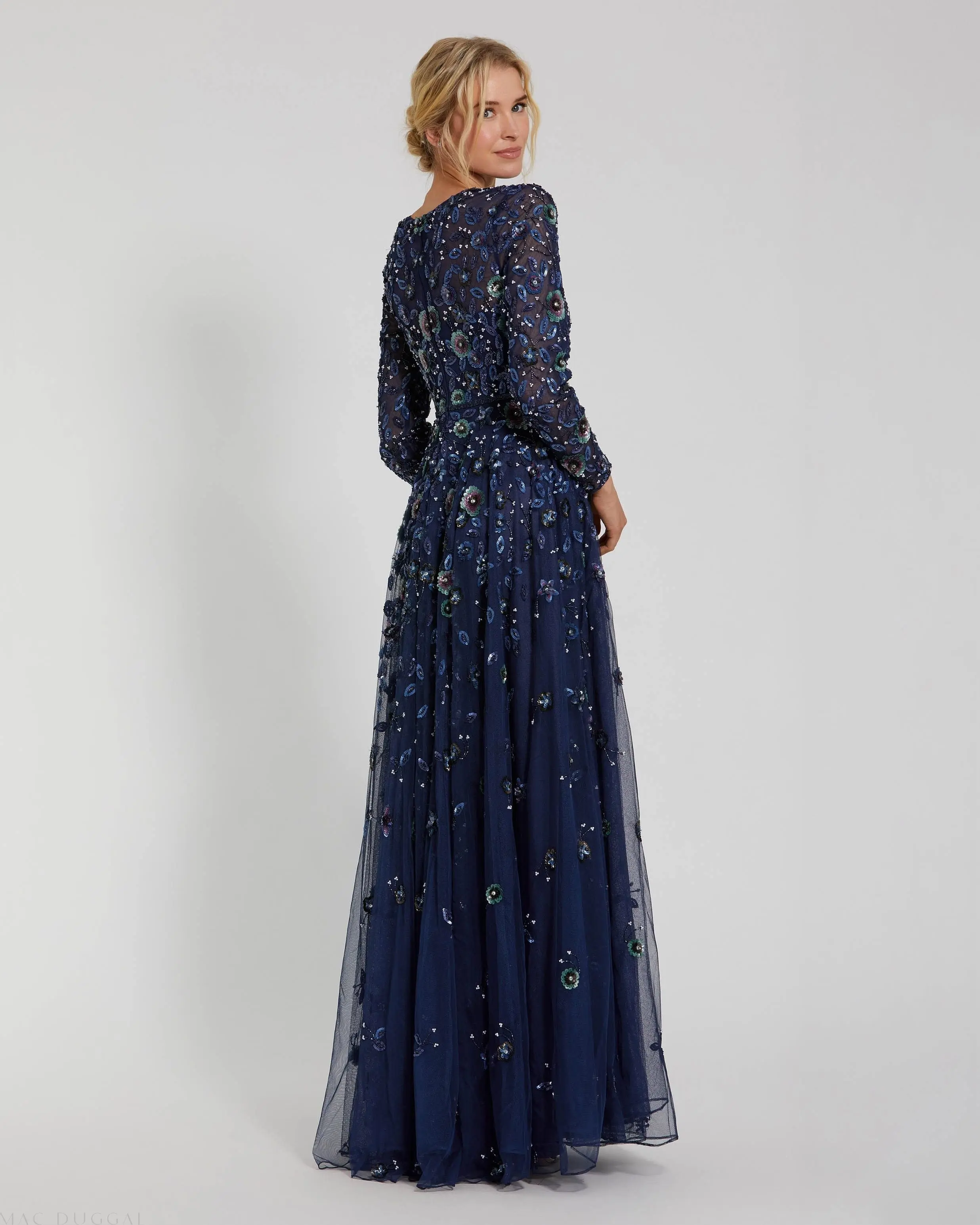 Navy Embellished High Neck Long Sleeve A Line Gown - Image 3