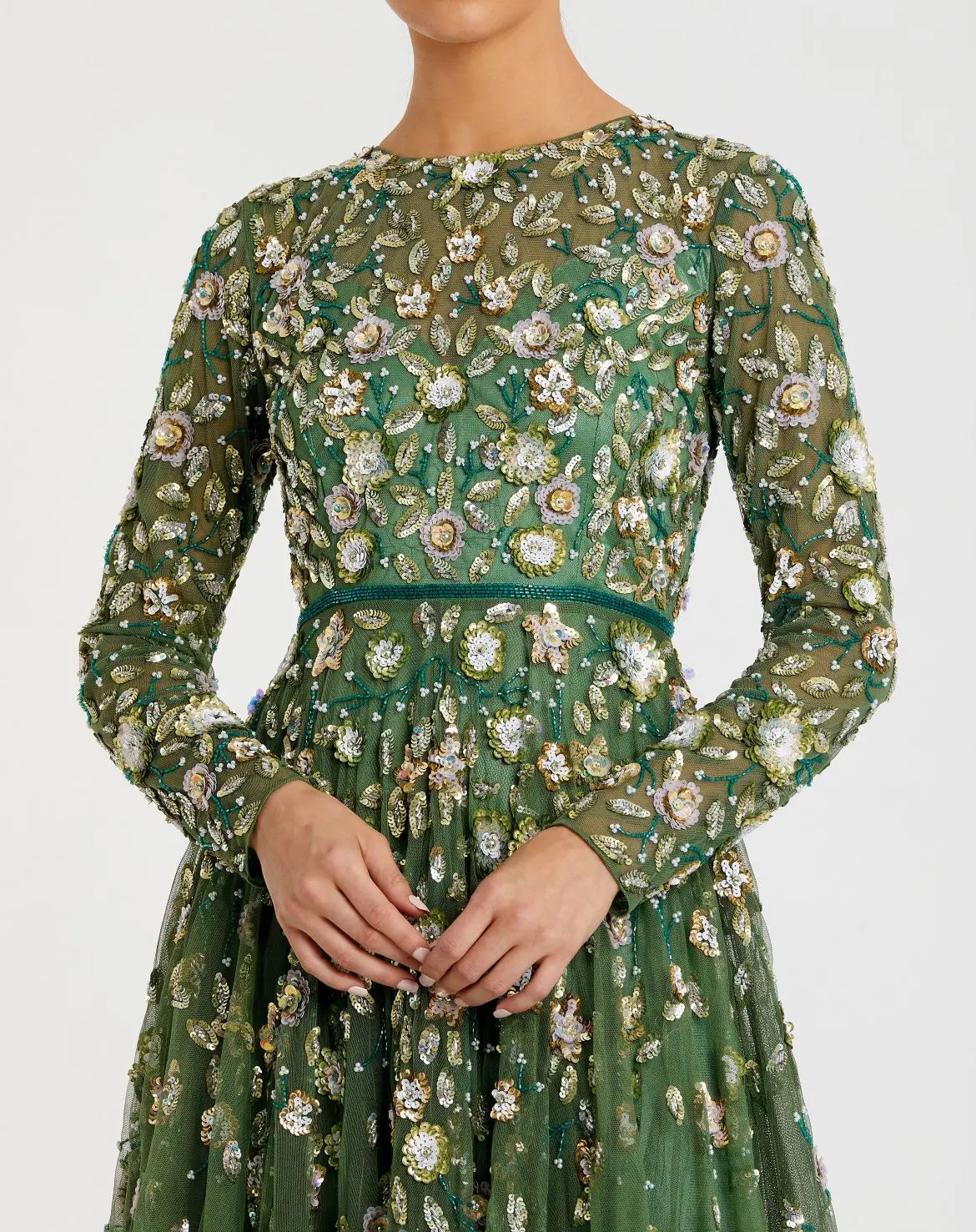 Green Embellished High Neck Long Sleeve A Line Gown - Image 2