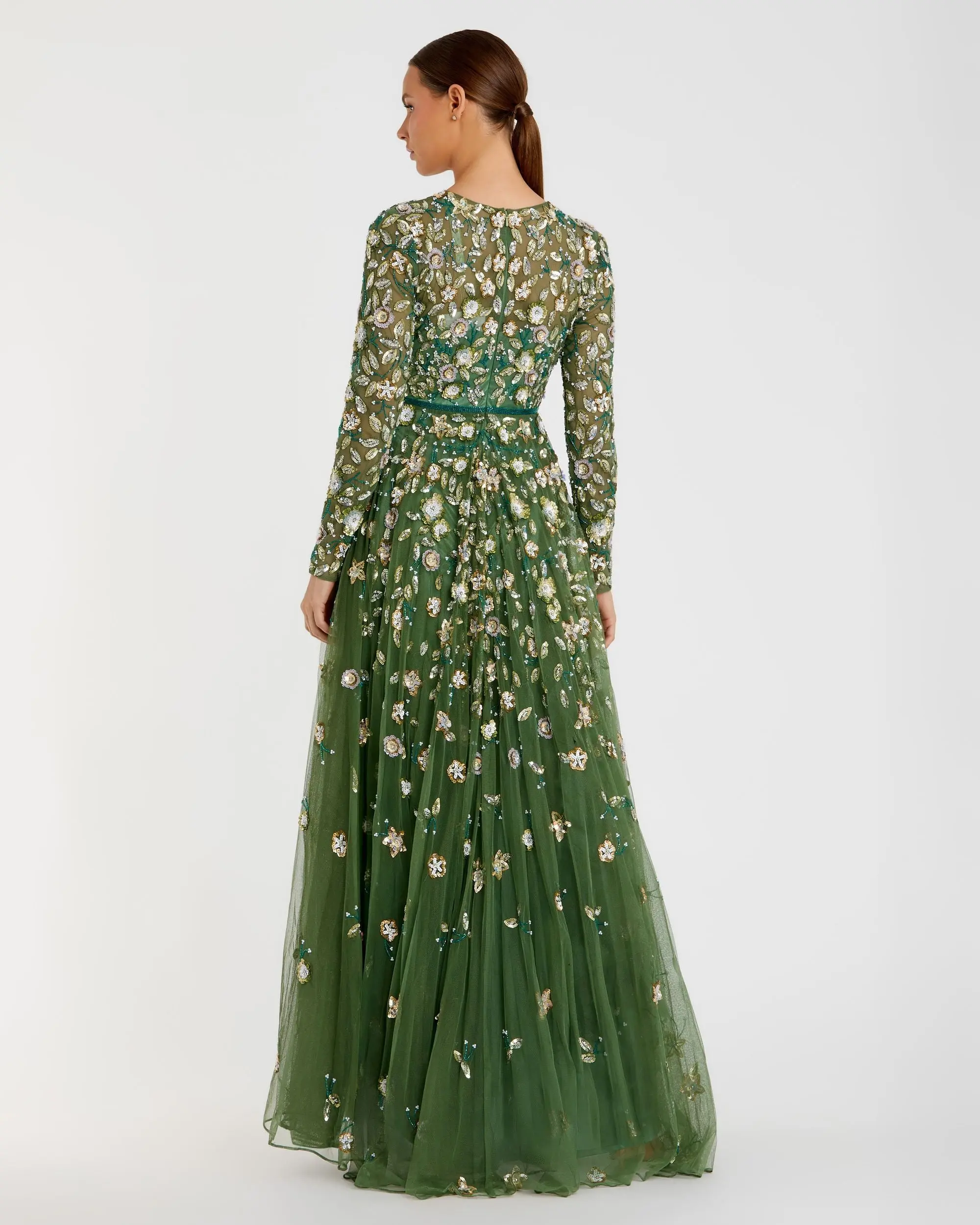 Green Embellished High Neck Long Sleeve A Line Gown - Image 3
