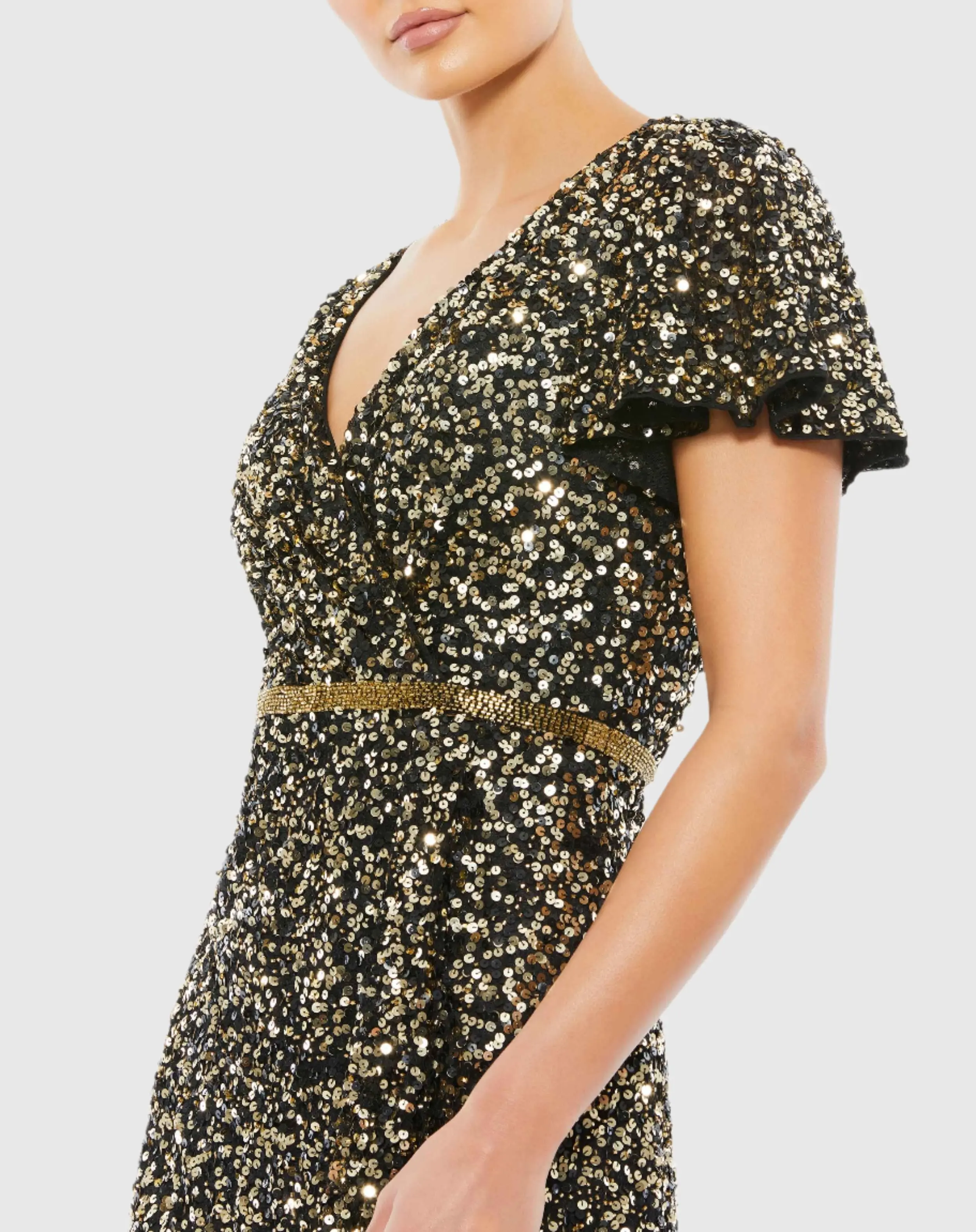 Black and Gold Sequined Wrap Over Butterfly Sleeve Draped Gown - Image 2