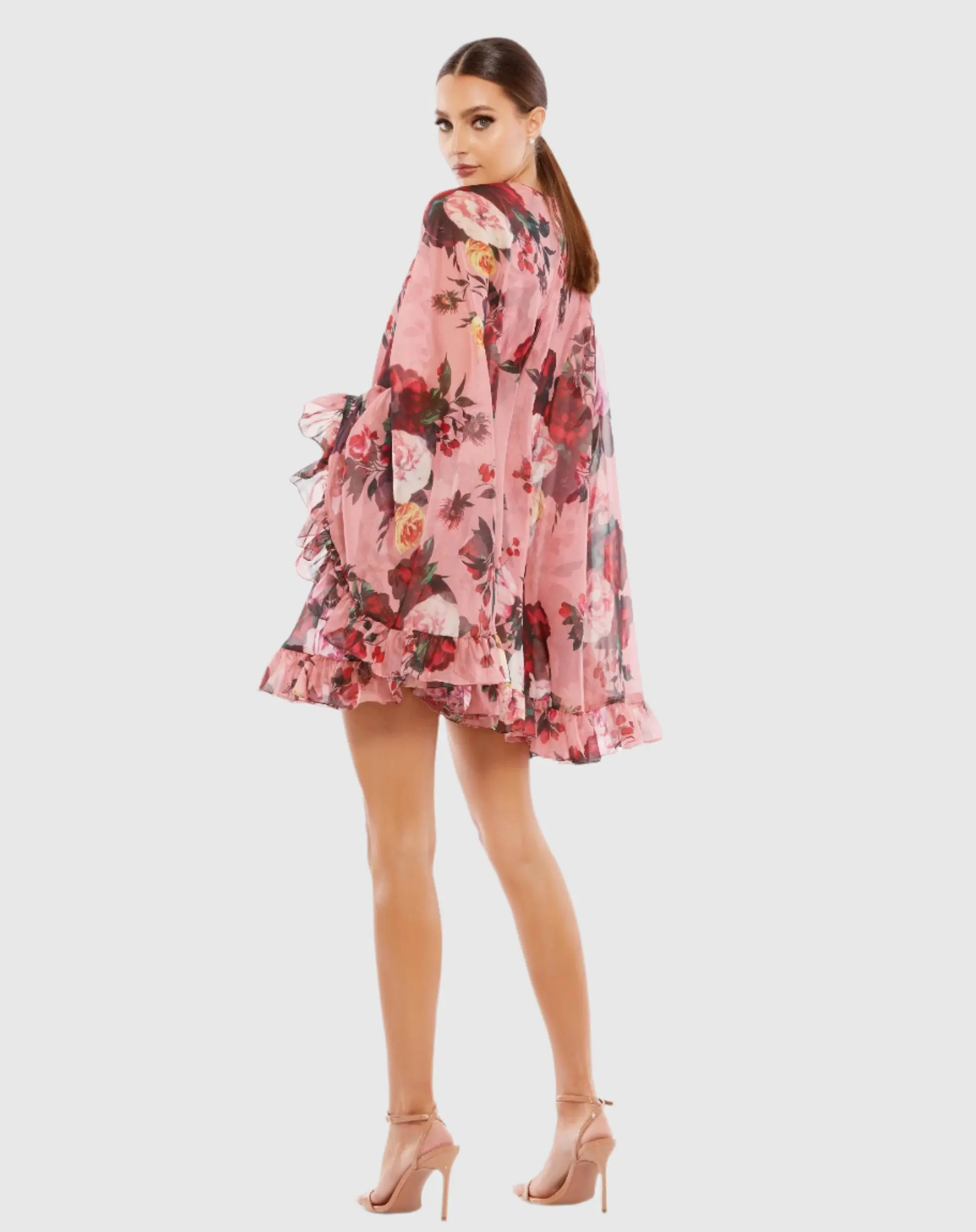 Pink Multicolor Floral Print High Neck Ruffle Hem Cape Mini Dress - Image 3