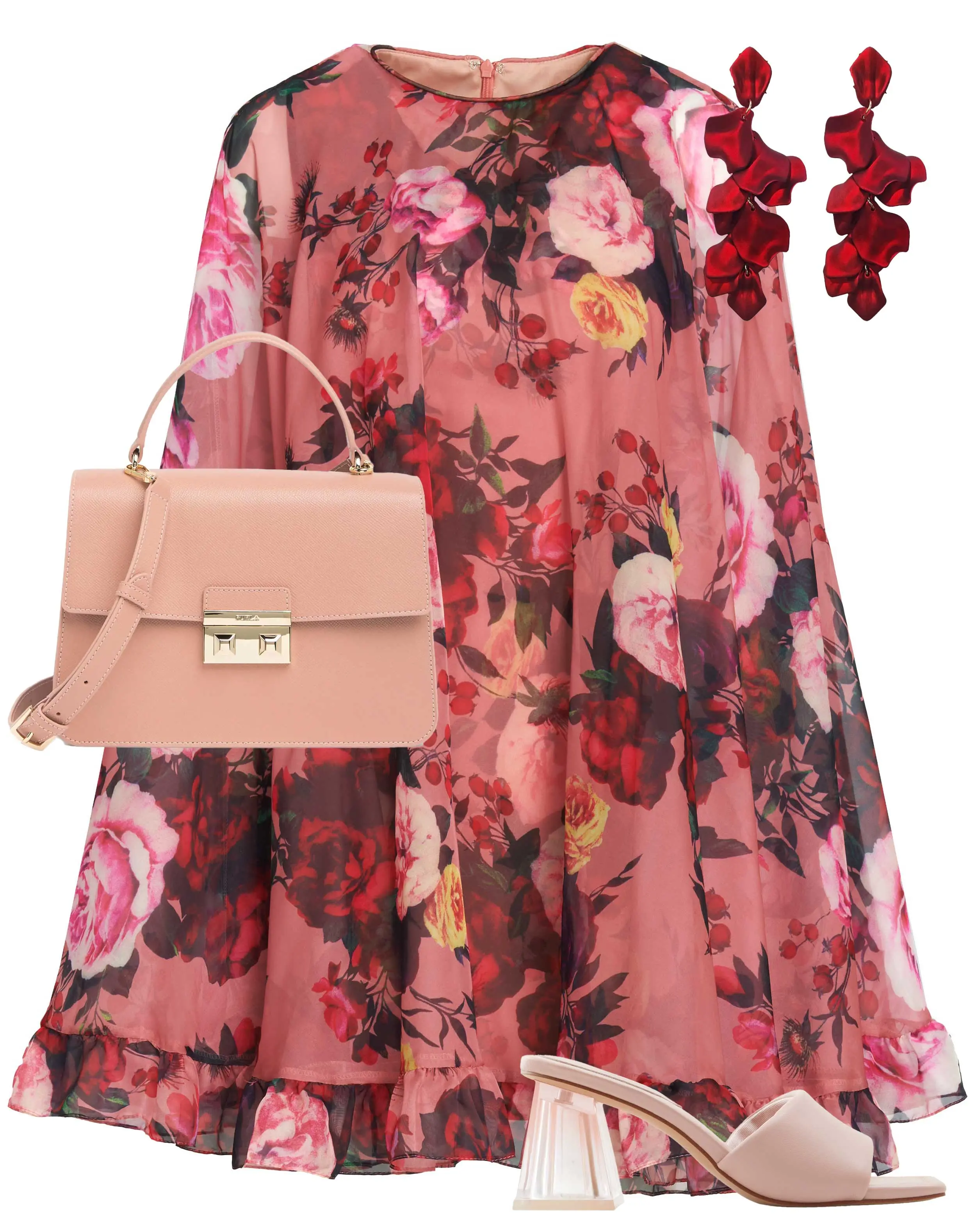 Pink Multicolor Floral Print High Neck Ruffle Hem Cape Mini Dress - Image 4