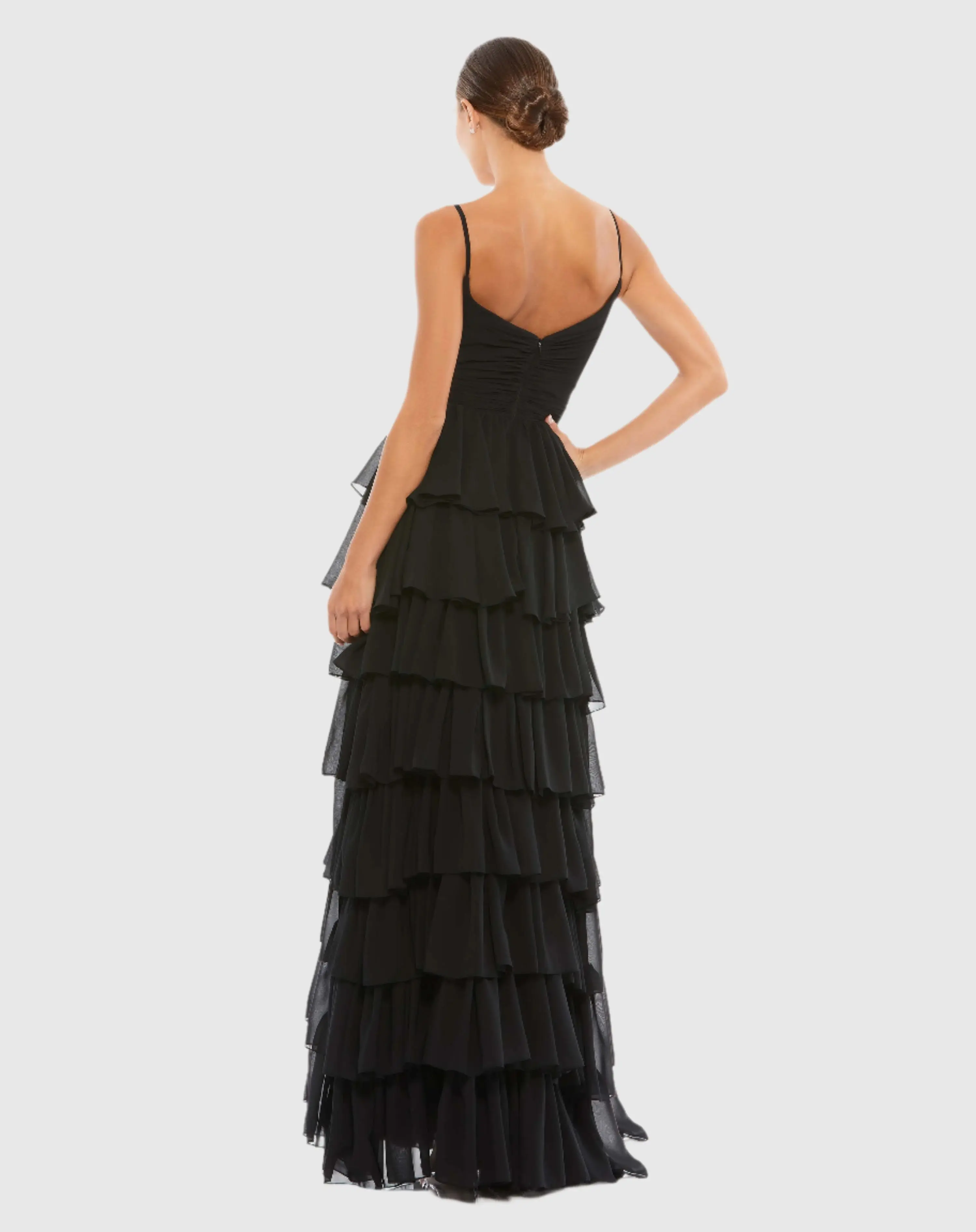 Black V-Neck Sleeveless Gown with Ruffled Skirt - Image 3