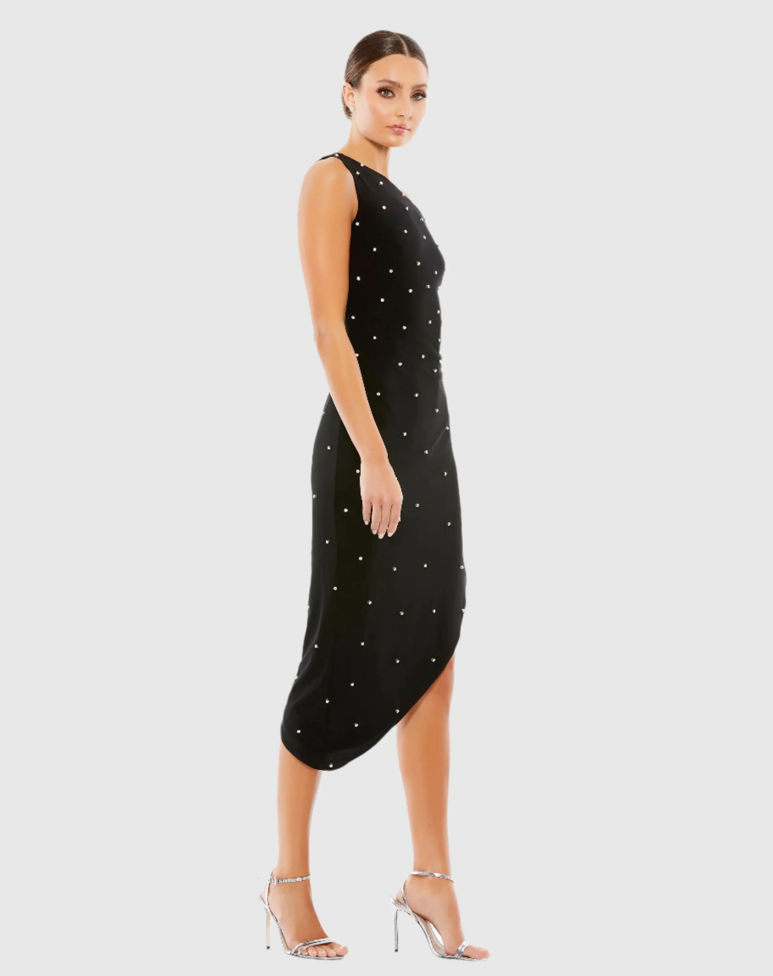 Black Rhinestone One Shoulder Asymmetrical Midi Dress - Image 3