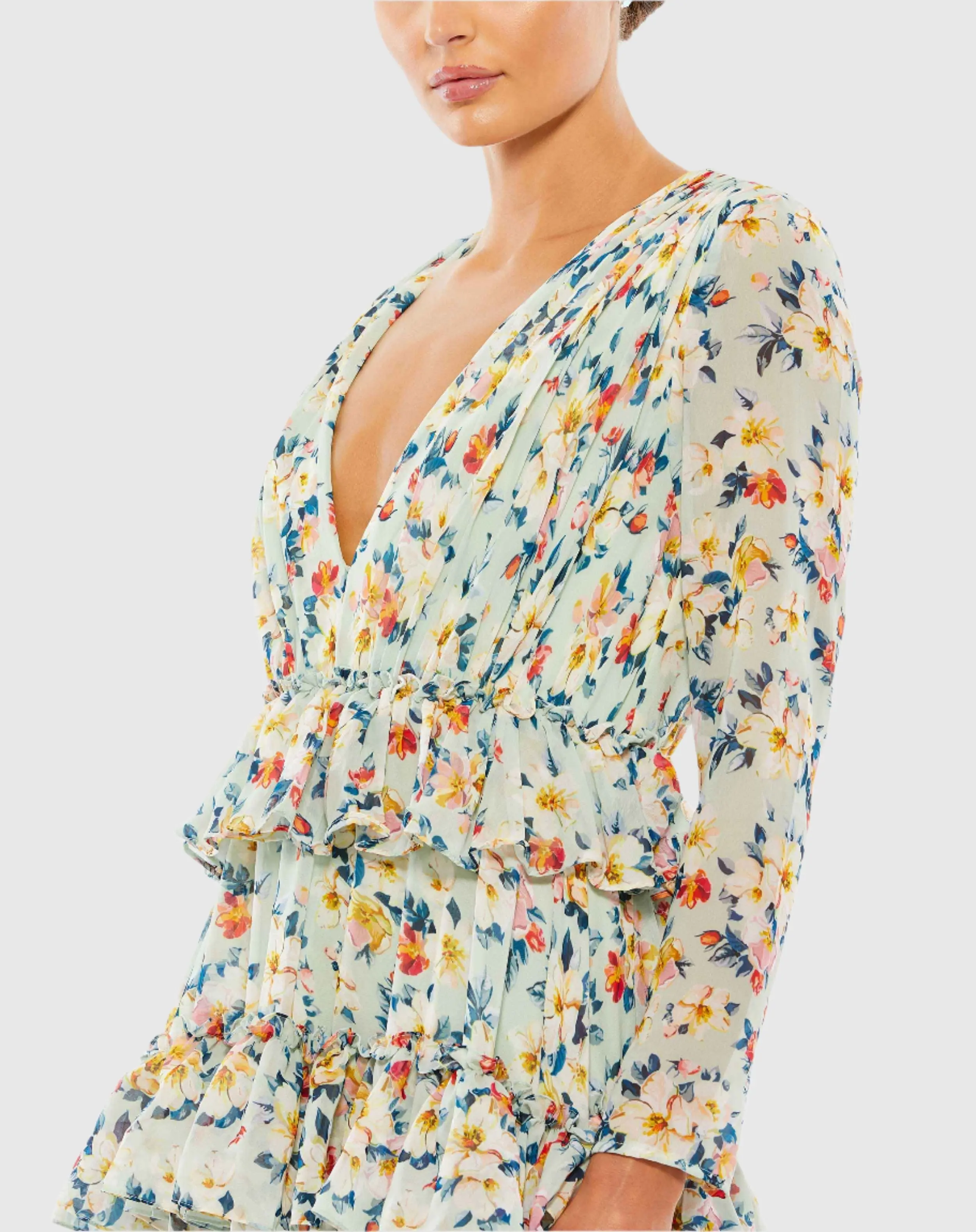 Green Floral Printed Tiered Ruffle Long Sleeve Gown - Image 2