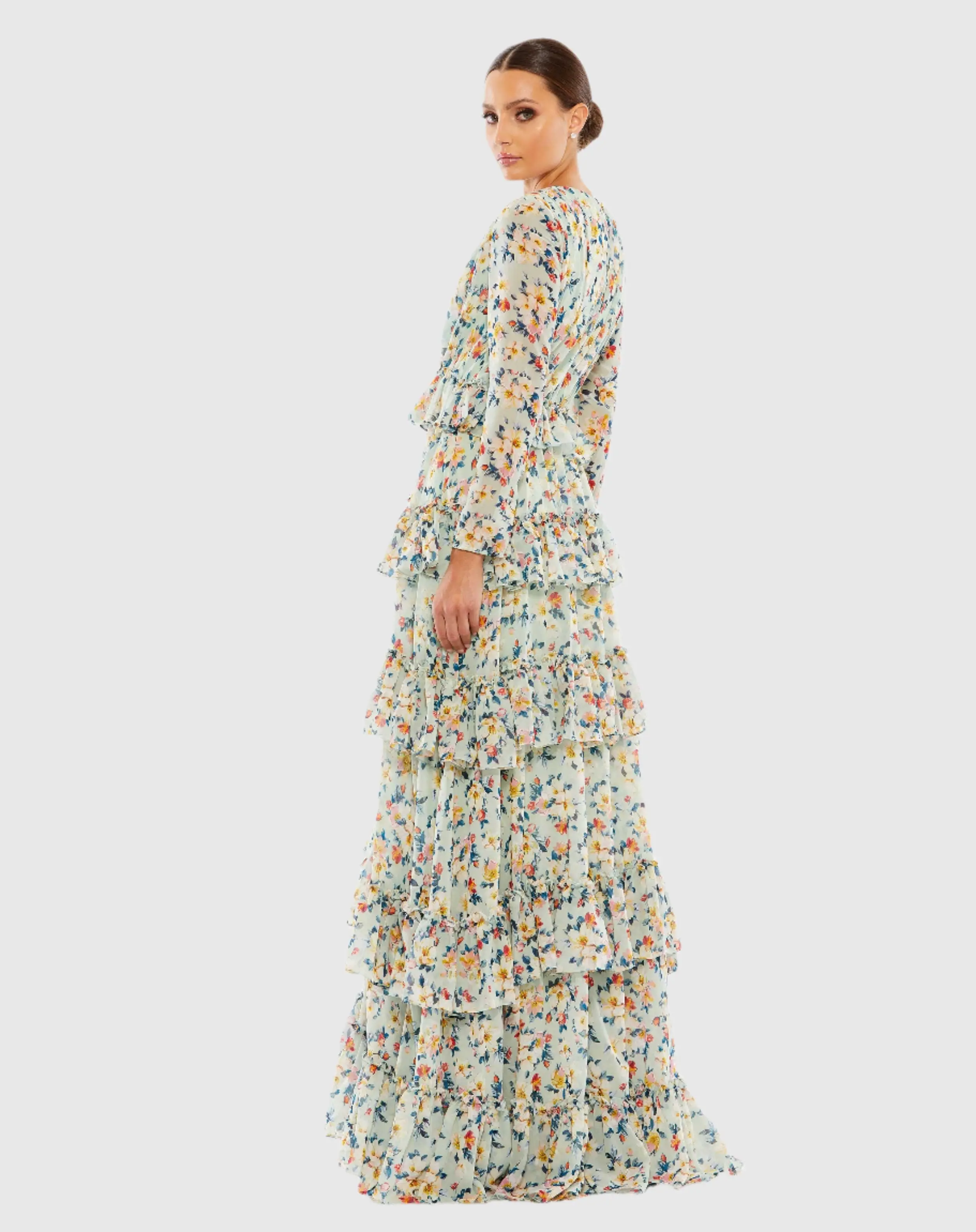 Green Floral Printed Tiered Ruffle Long Sleeve Gown - Image 4
