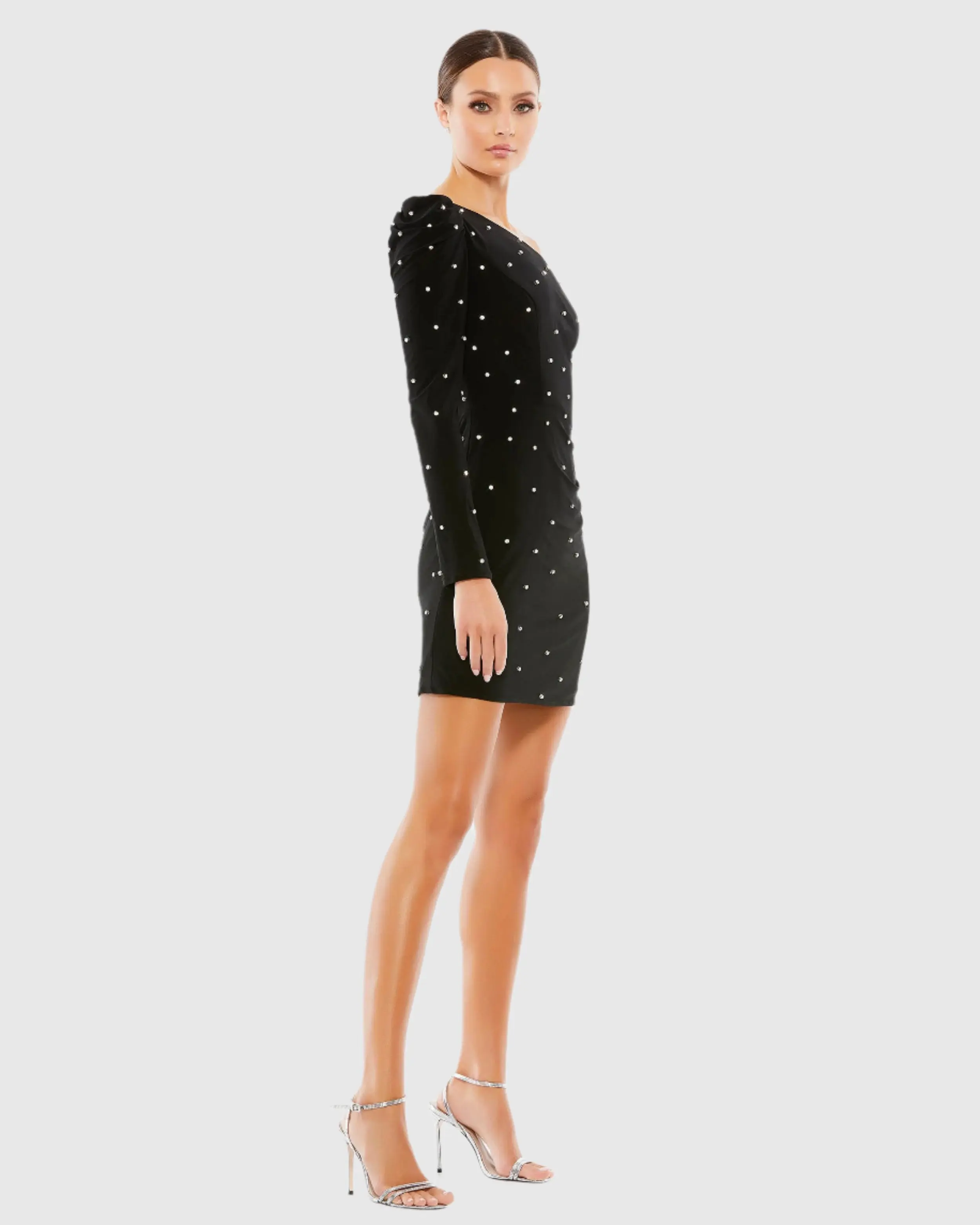 Black Rhinestone Encrusted One Shoulder Long Sleeve Mini Dress - Image 3