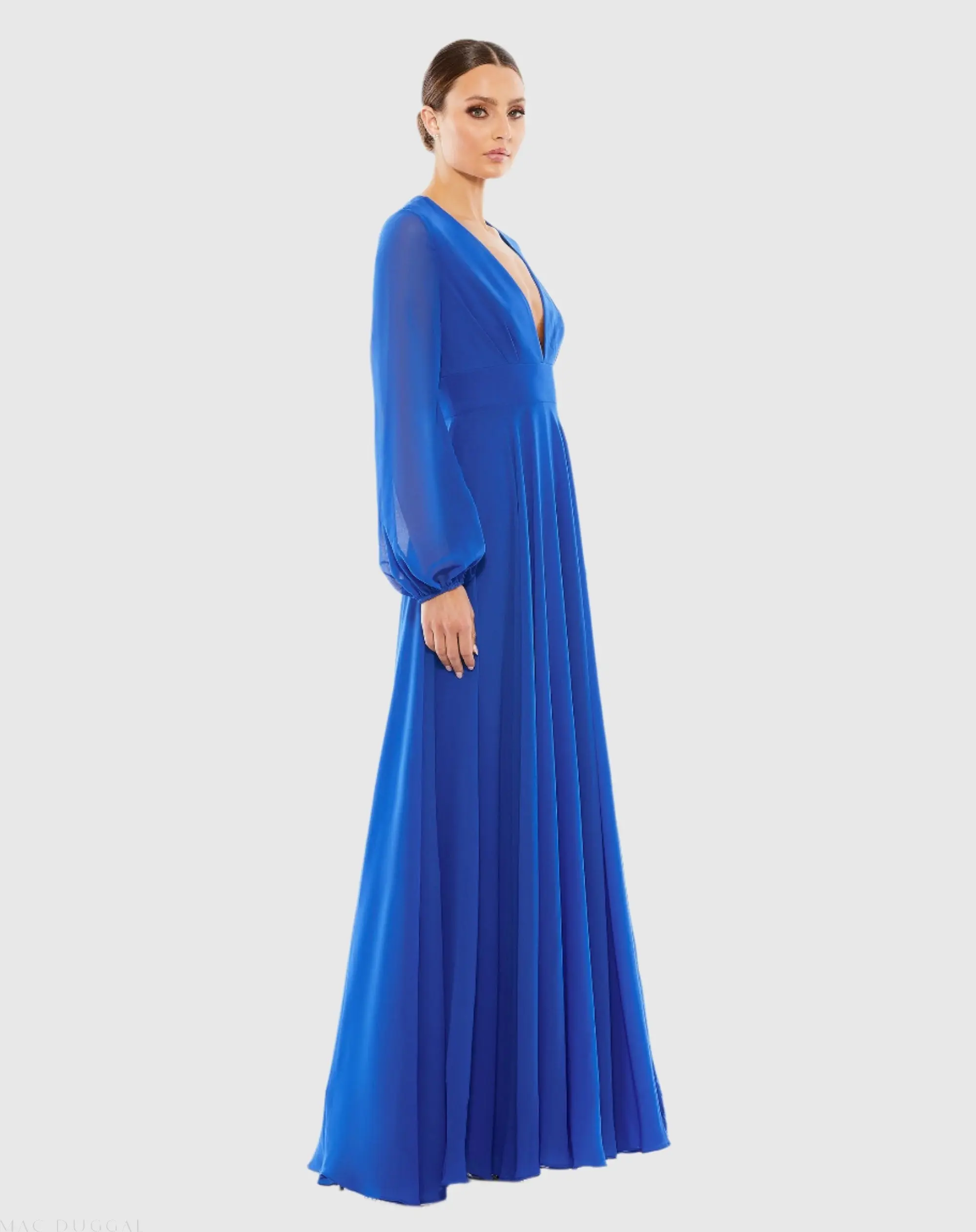 Blue V-Neck Illusion Long Sleeve Chiffon Gown - Image 3