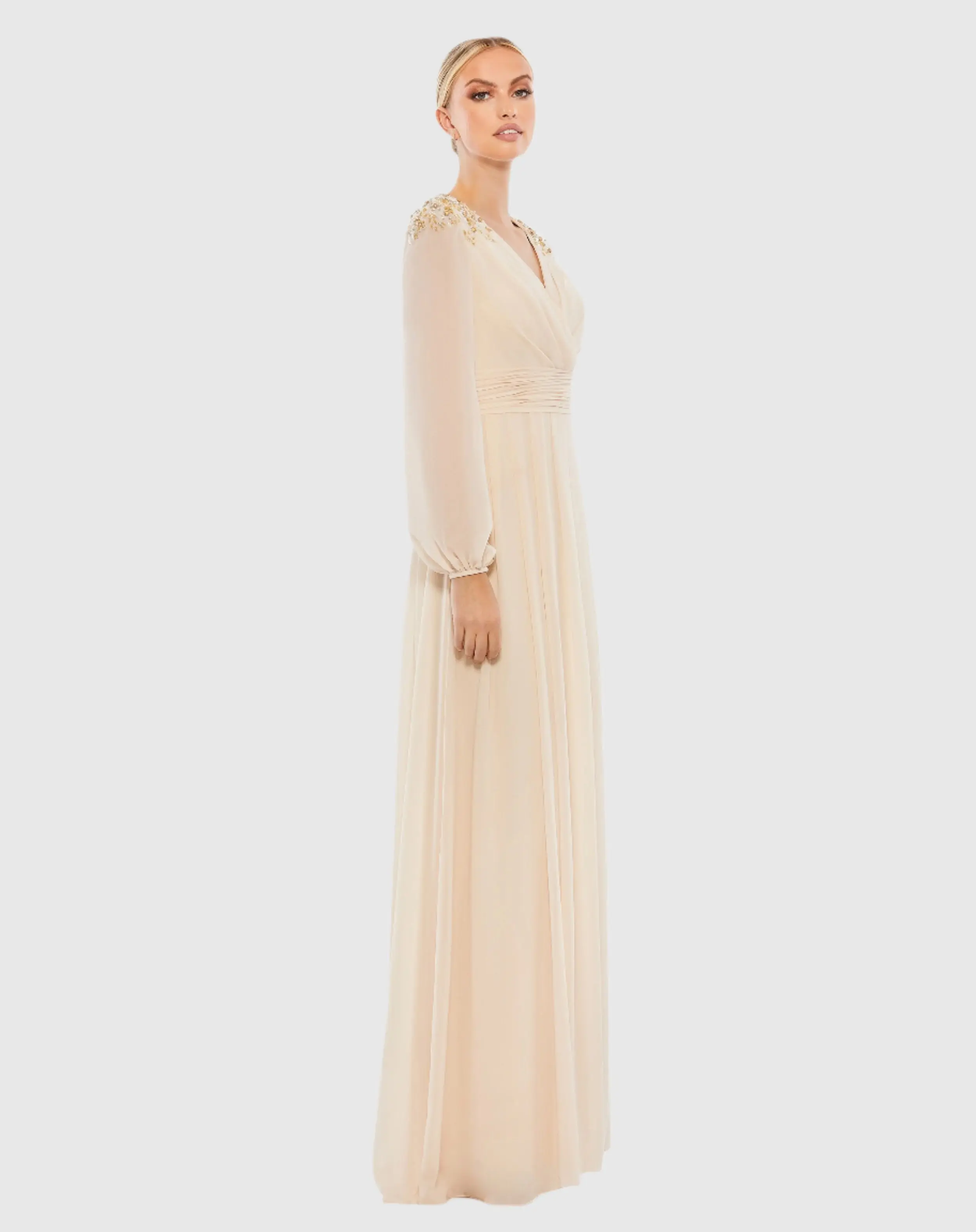 Beige Embellished Shoulder Blouson Sleeve Evening Gown - Image 3