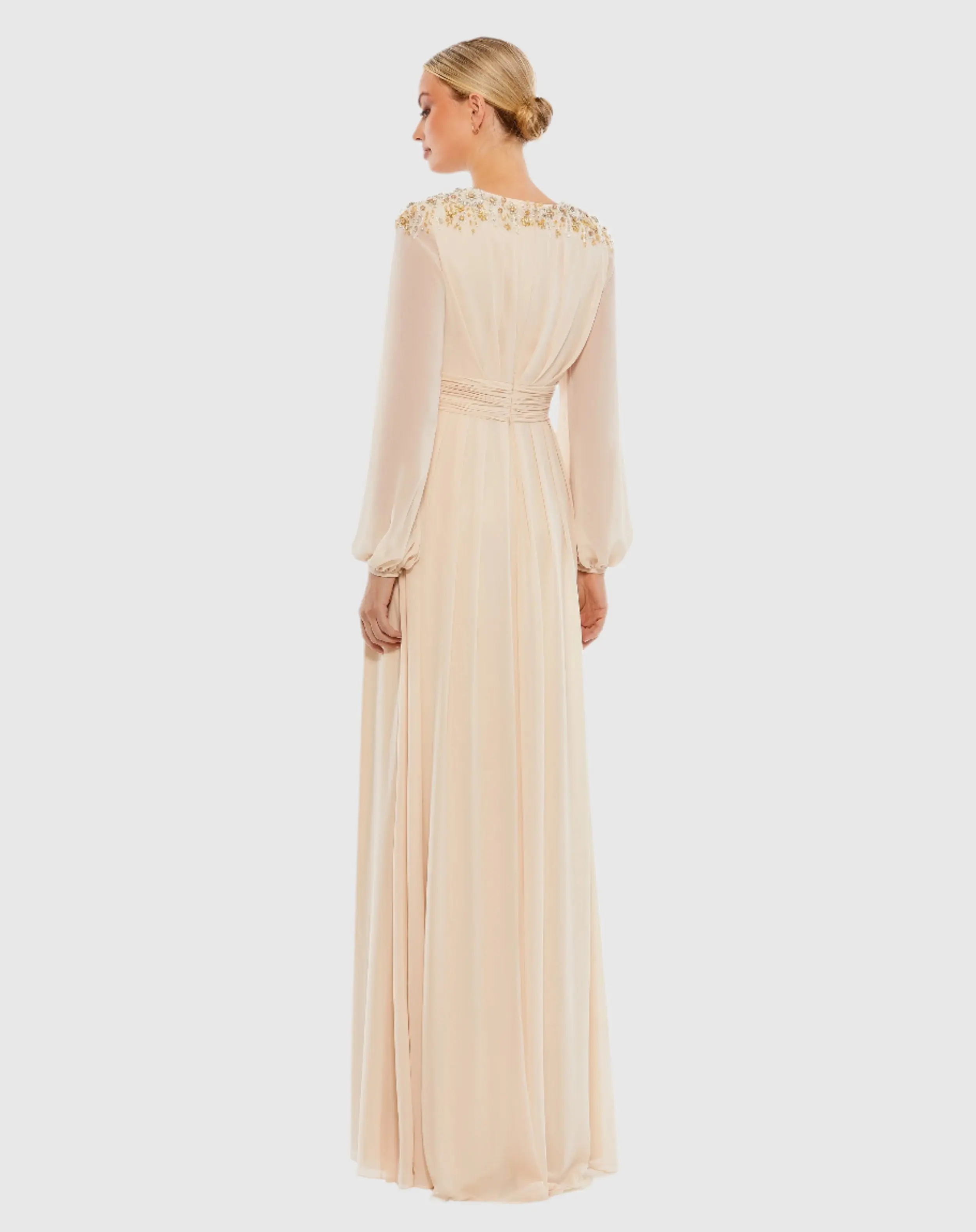 Beige Embellished Shoulder Blouson Sleeve Evening Gown - Image 4