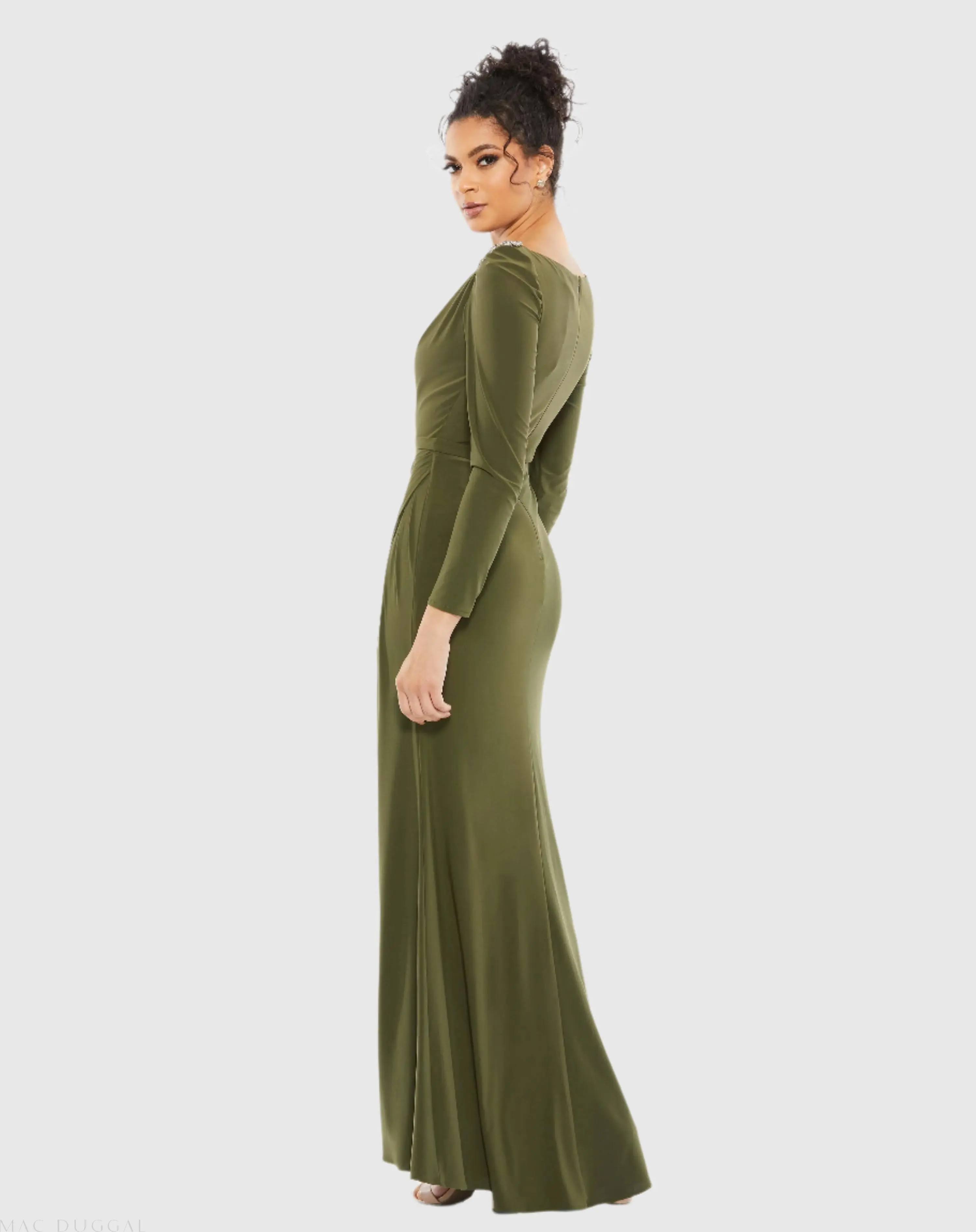 Green Draped Bateau Long Sleeve Trumpet Gown - Image 3