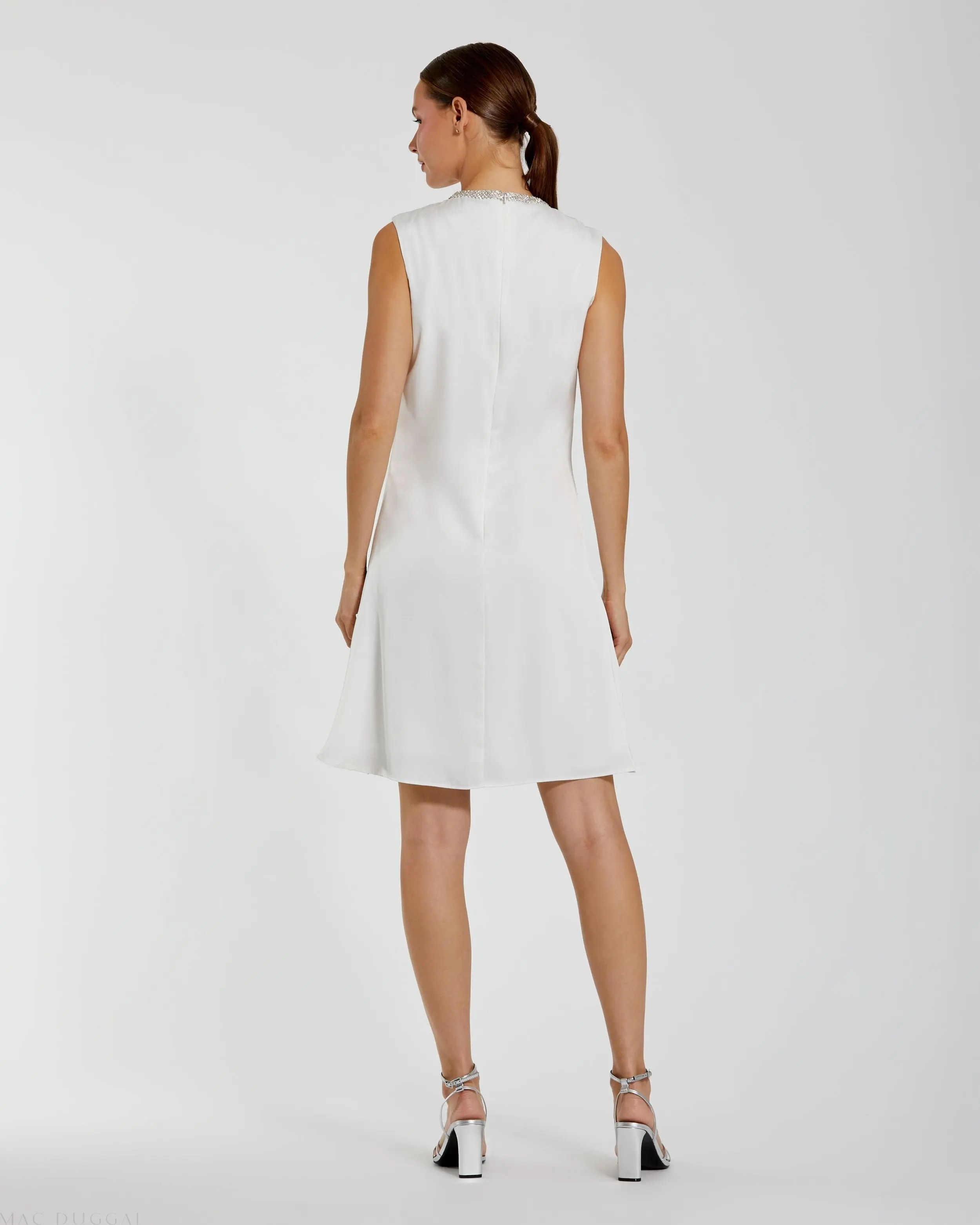 White Rhinestone Neckline Draped Mini Dress - FINAL SALE - Image 3