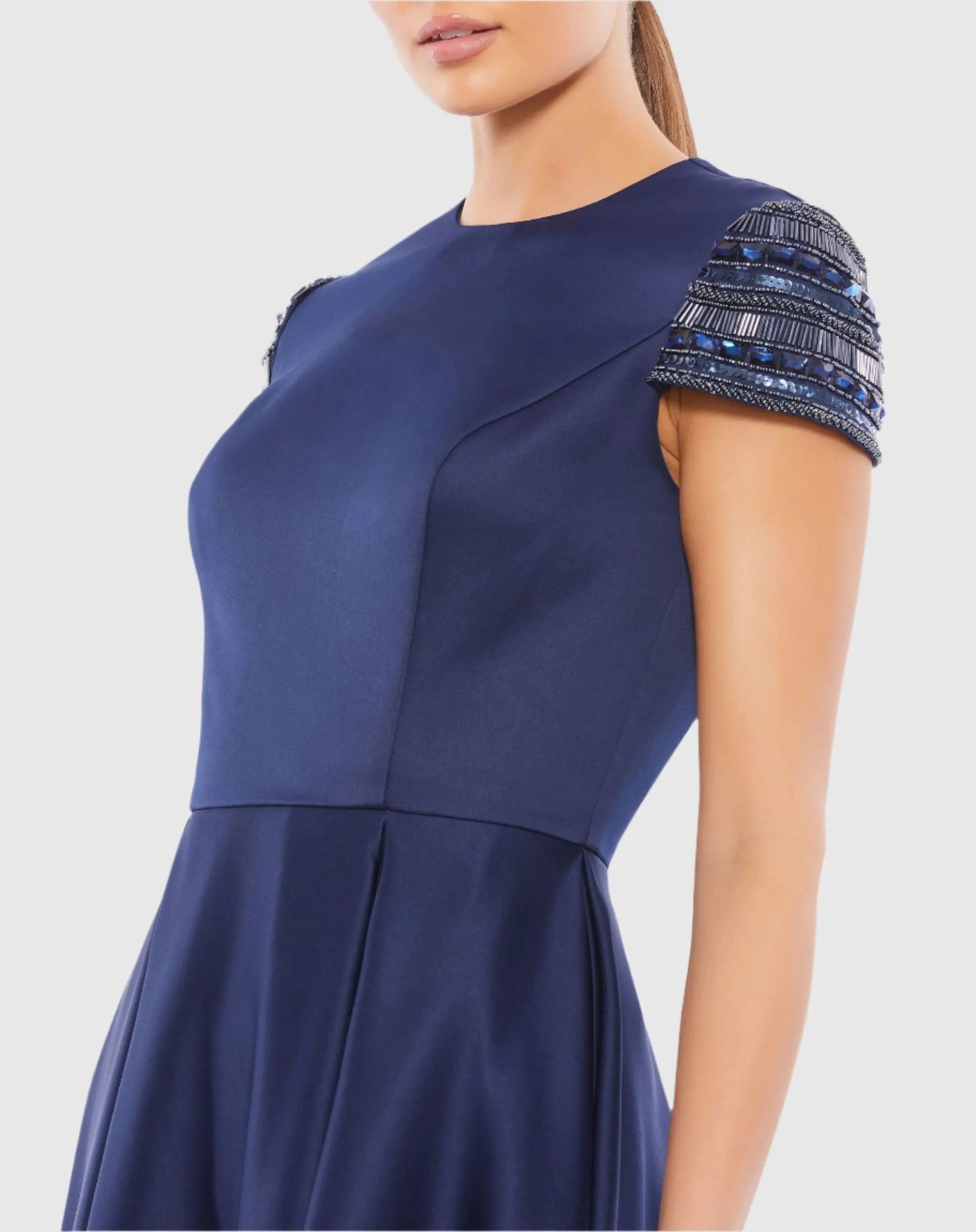 Navy High Neck Cap Sleeve Tea Length Dress - Image 2