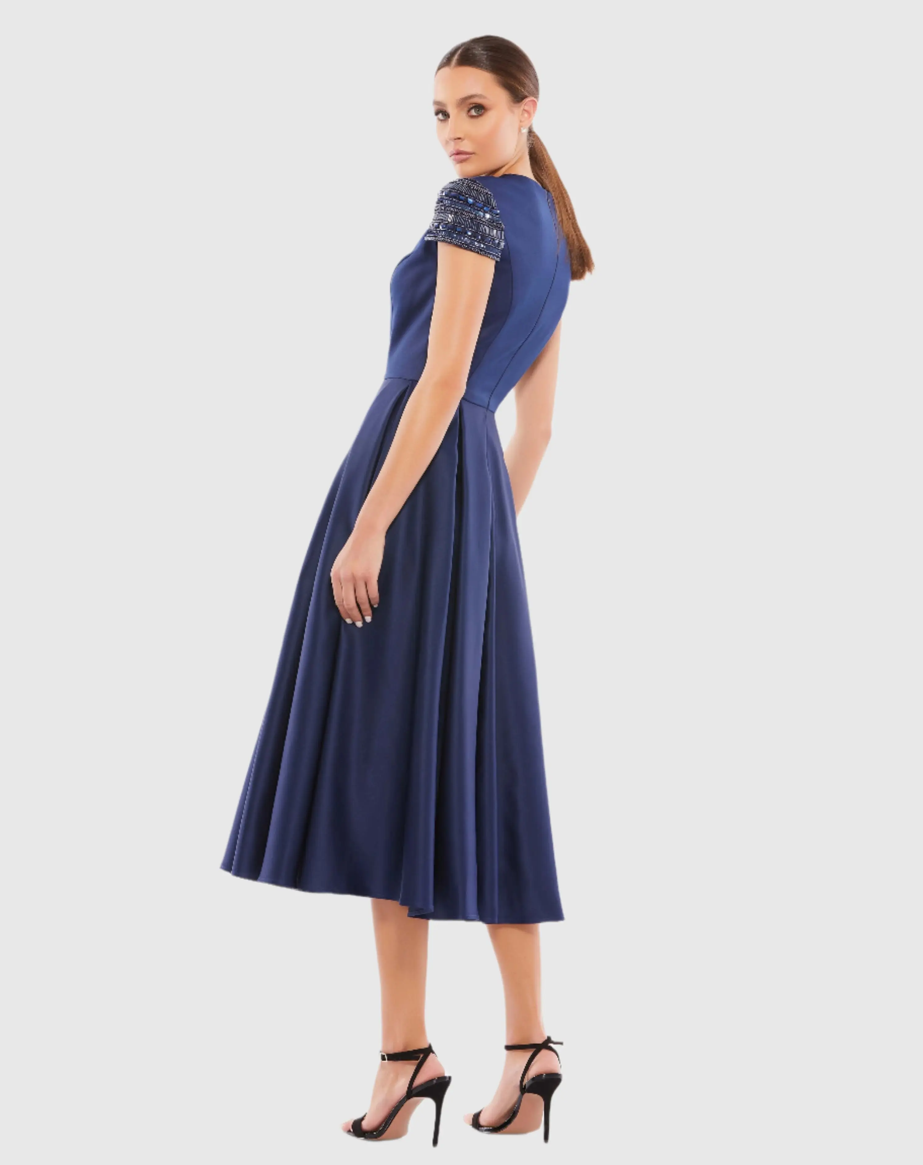 Navy High Neck Cap Sleeve Tea Length Dress - Image 3