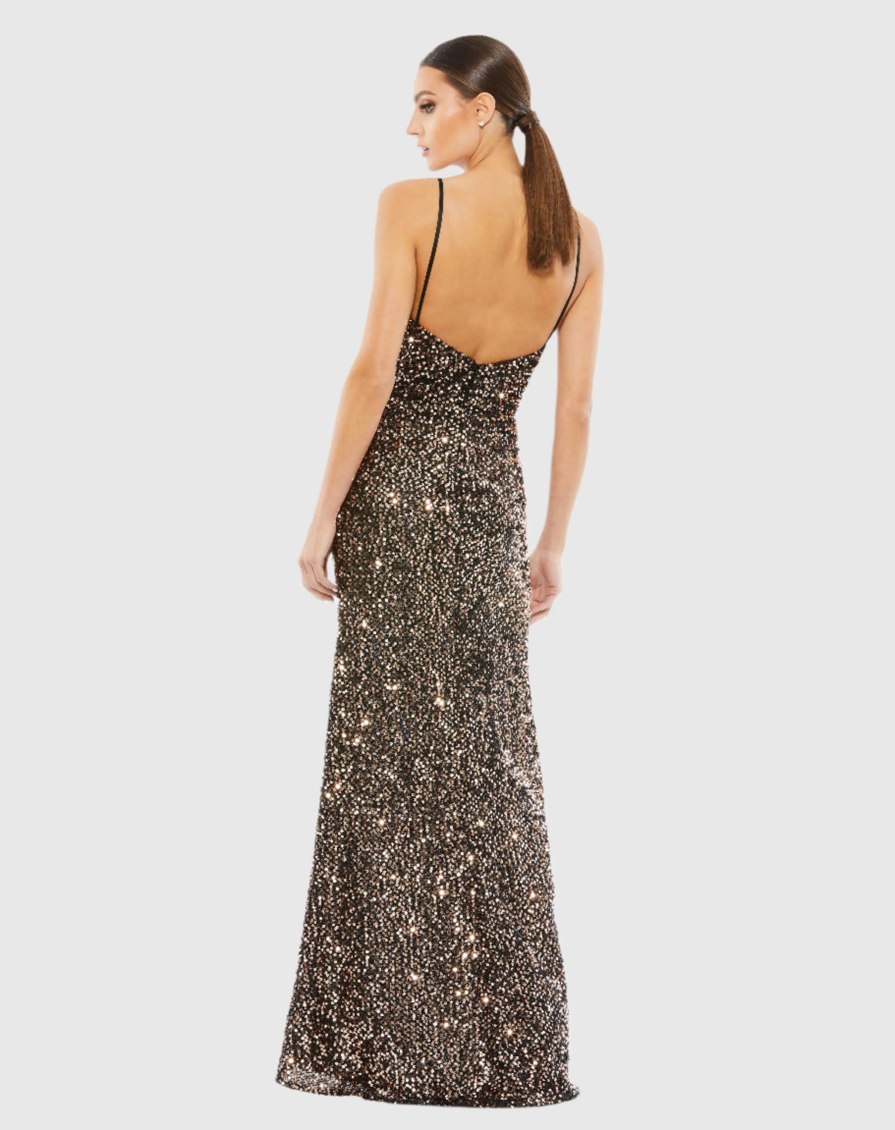 Black and Brown Gathered Waist Sequin Gown - Image 3