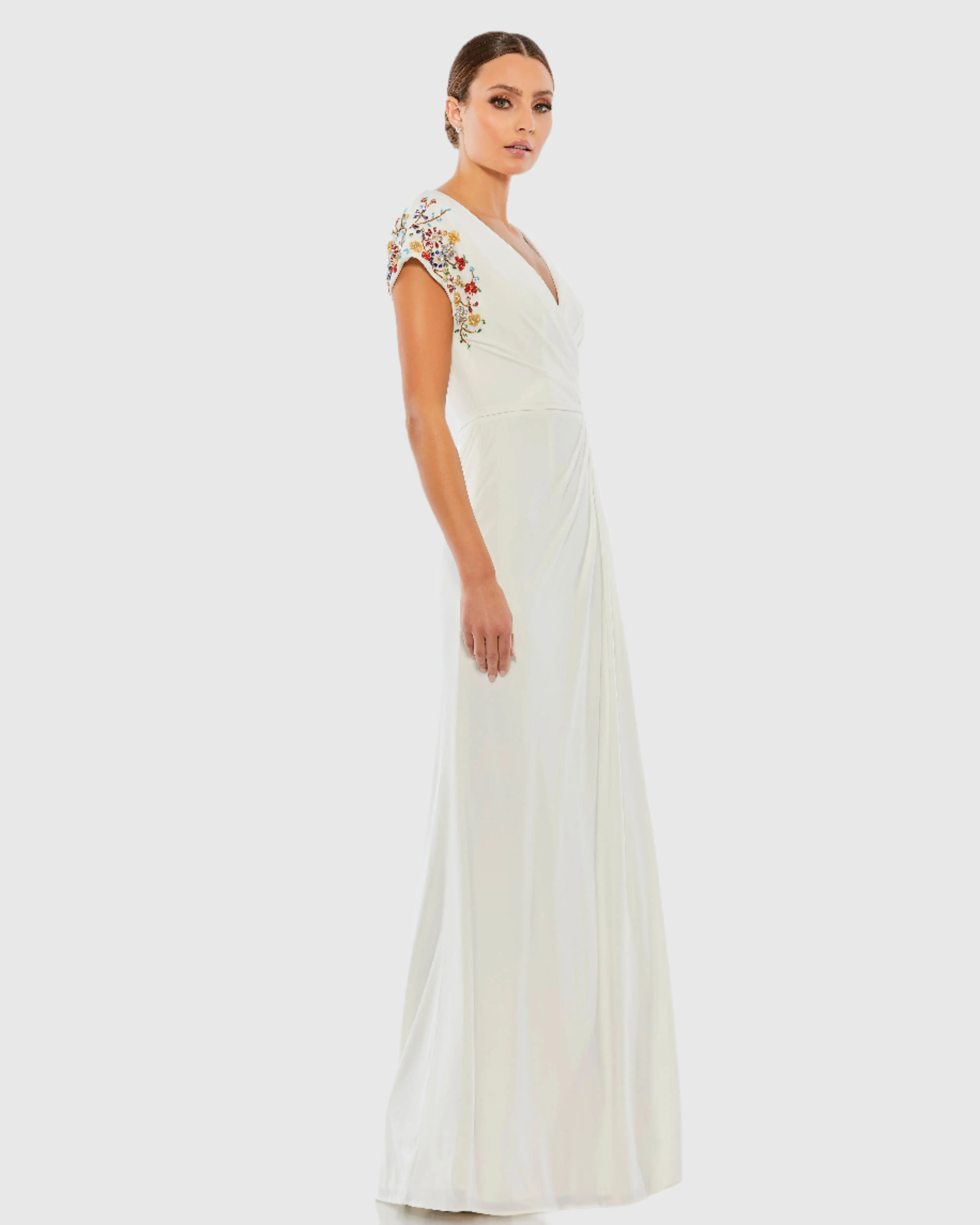 White Embellished Sleeve Jersey Wrap Gown - FINAL SALE - Image 3