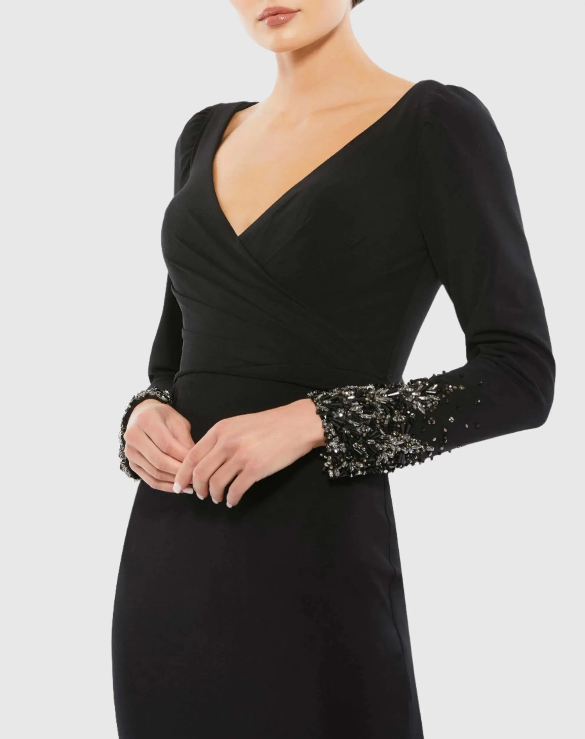 Black Beaded Cuff Long Sleeve Wrap Over Trumpet Gown - Image 2