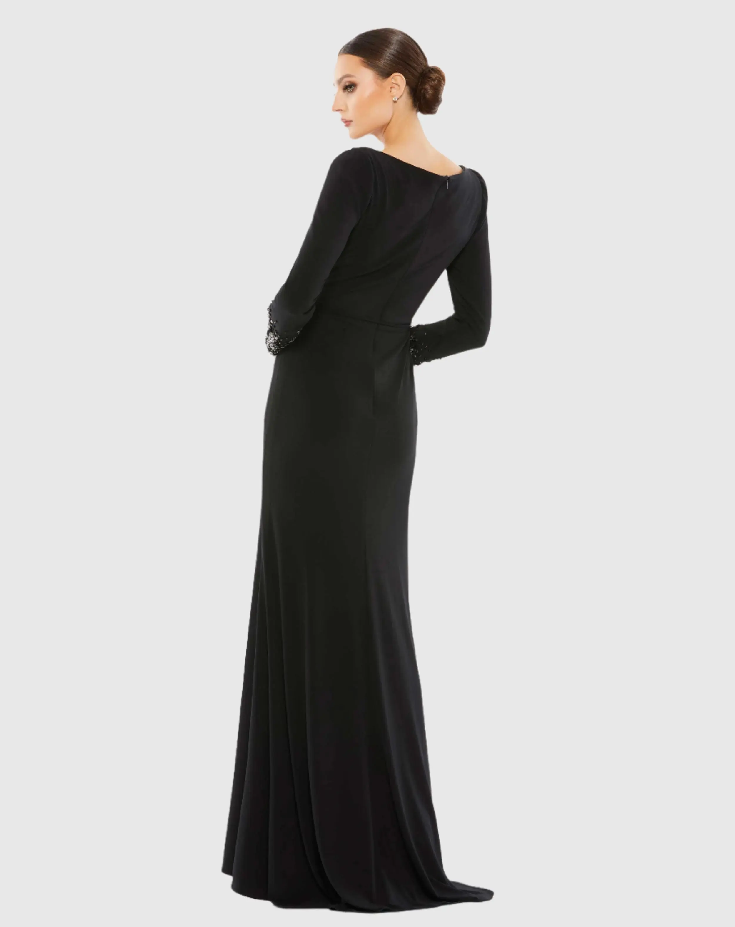 Black Beaded Cuff Long Sleeve Wrap Over Trumpet Gown - Image 3