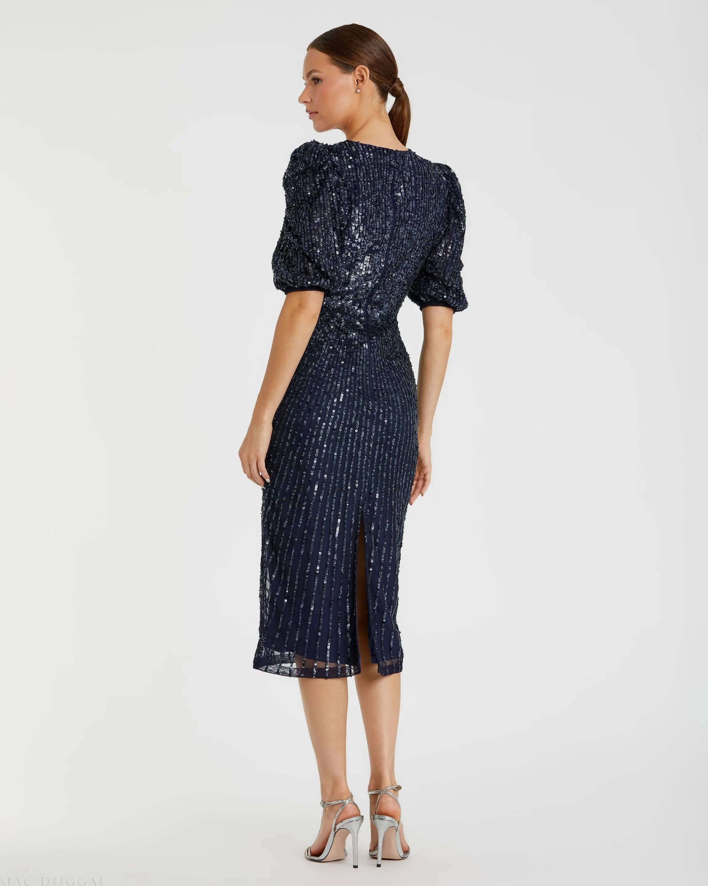 Navy Sequined V-Neck Short Puff Sleeve Midi Dress - FINAL SALE - Image 3