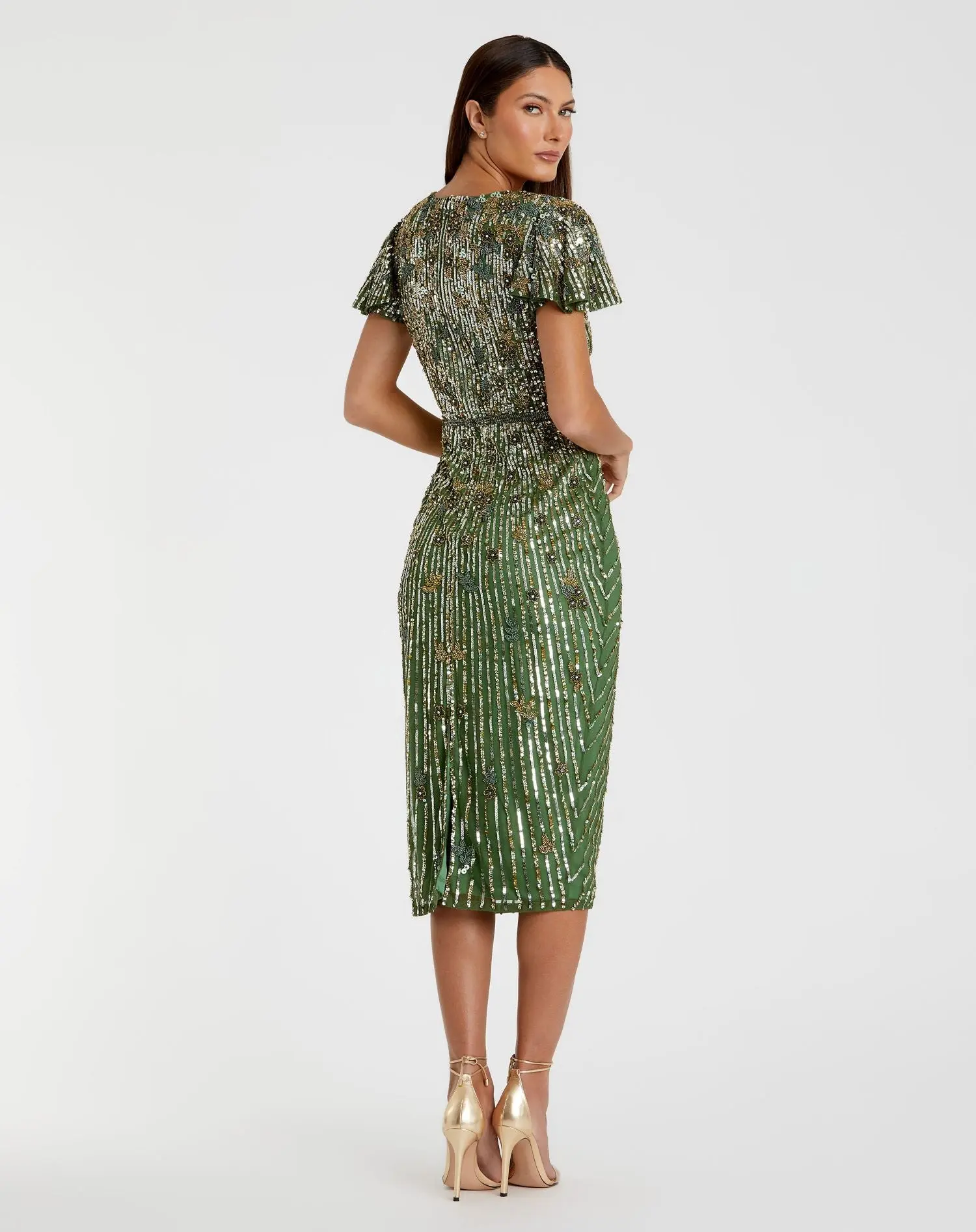 Green Embellished Faux Wrap Flutter Sleeve Dress - Image 3