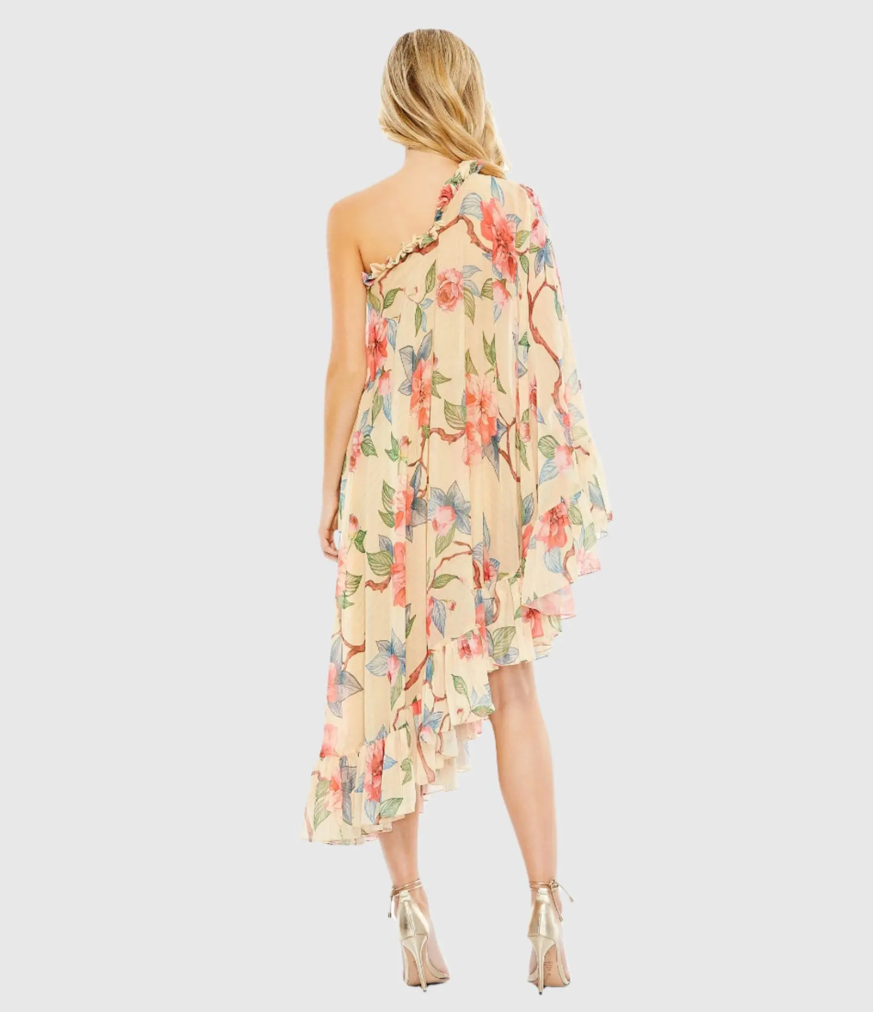 Beige Floral Print One Shoulder Cape Dress - Image 3