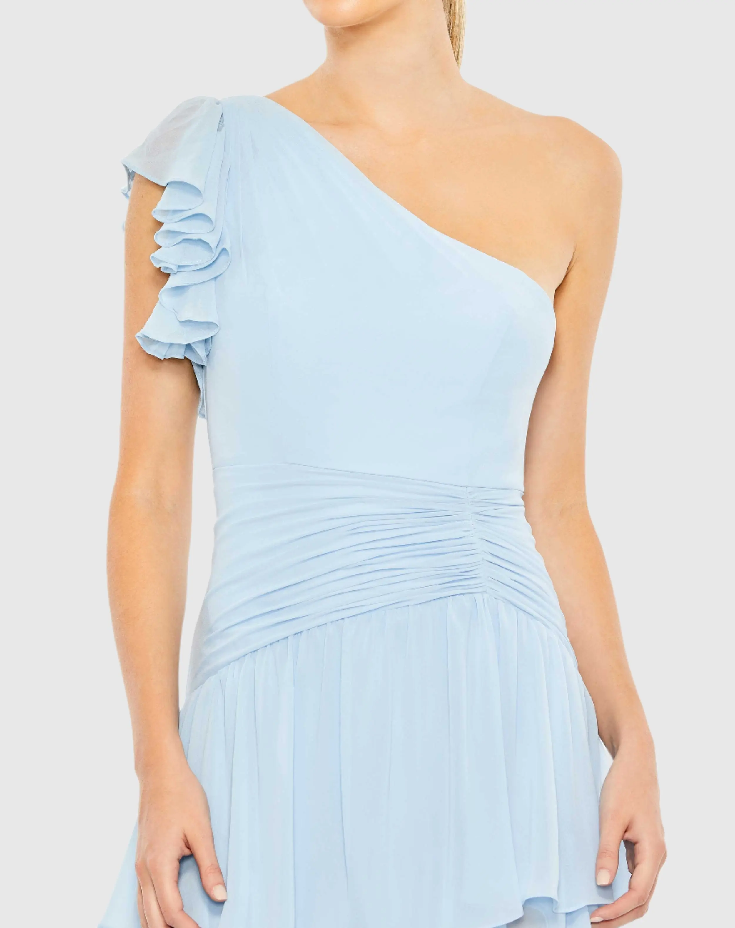 Blue Ruffle Tiered One Flutter Sleeve Gown - Image 2