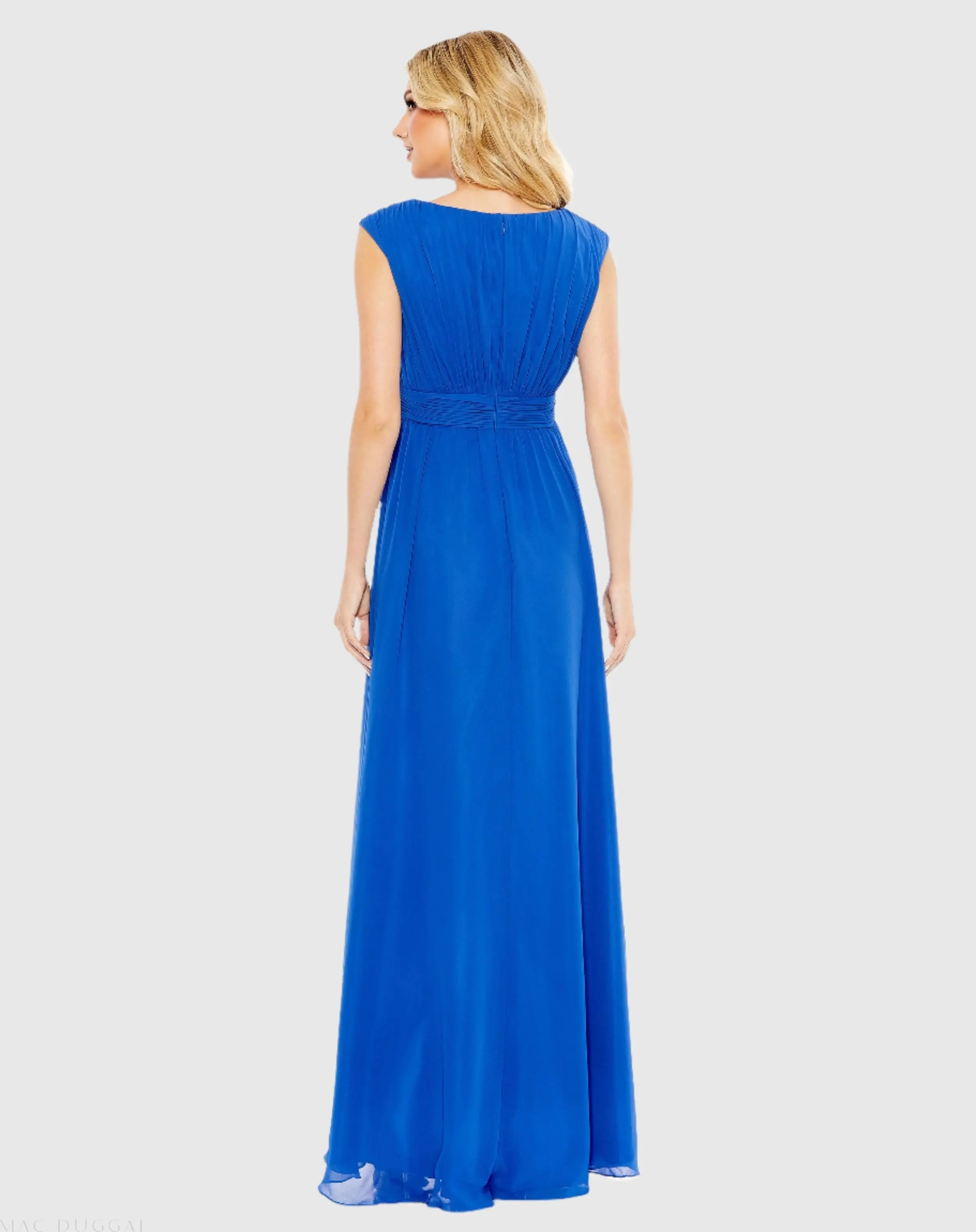 Blue Pleated Bateau Cap Sleeve A Line Gown - Image 3