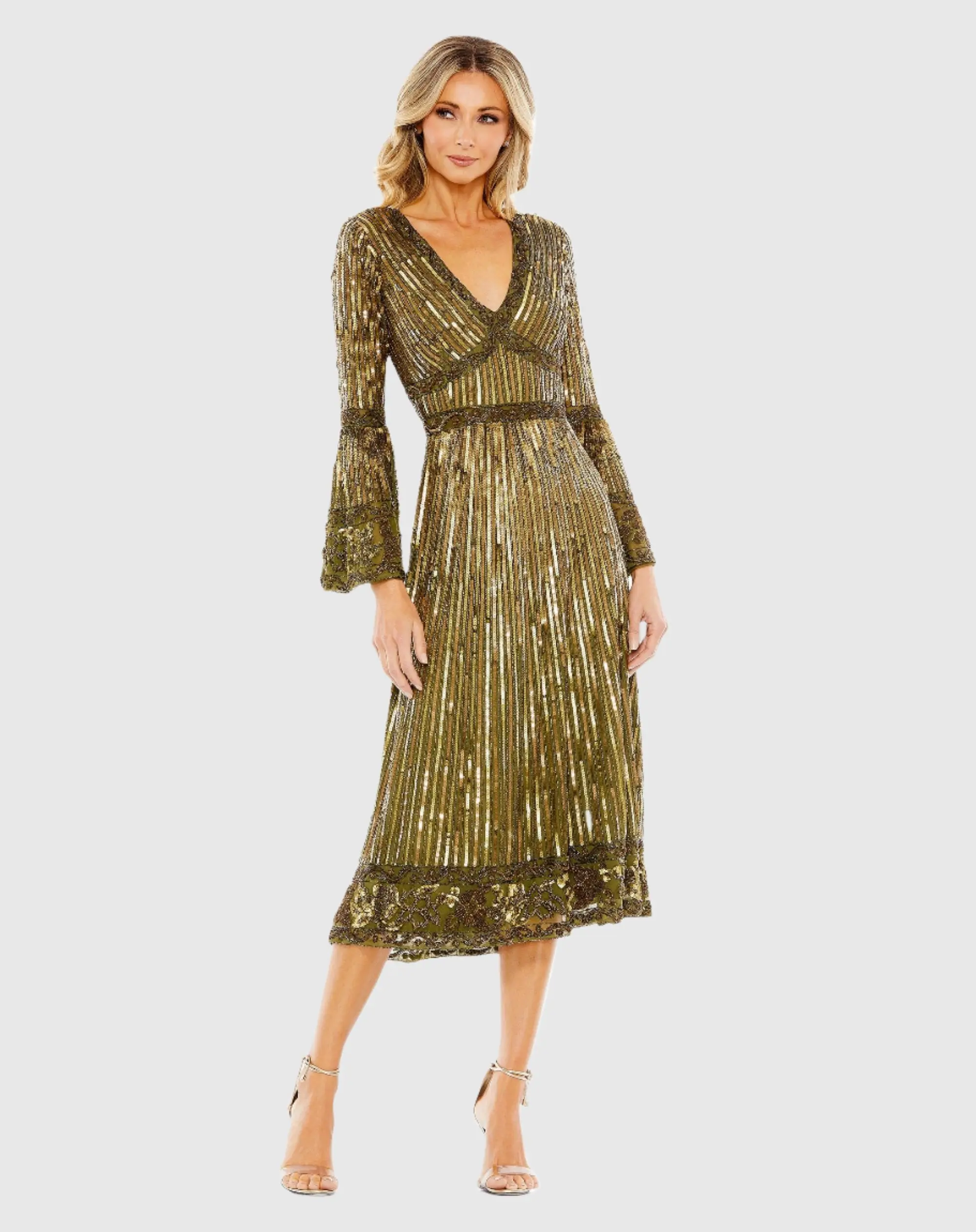 Green Embellished 3/4 Sleeve V Neck A Line Dress - FINAL SALE