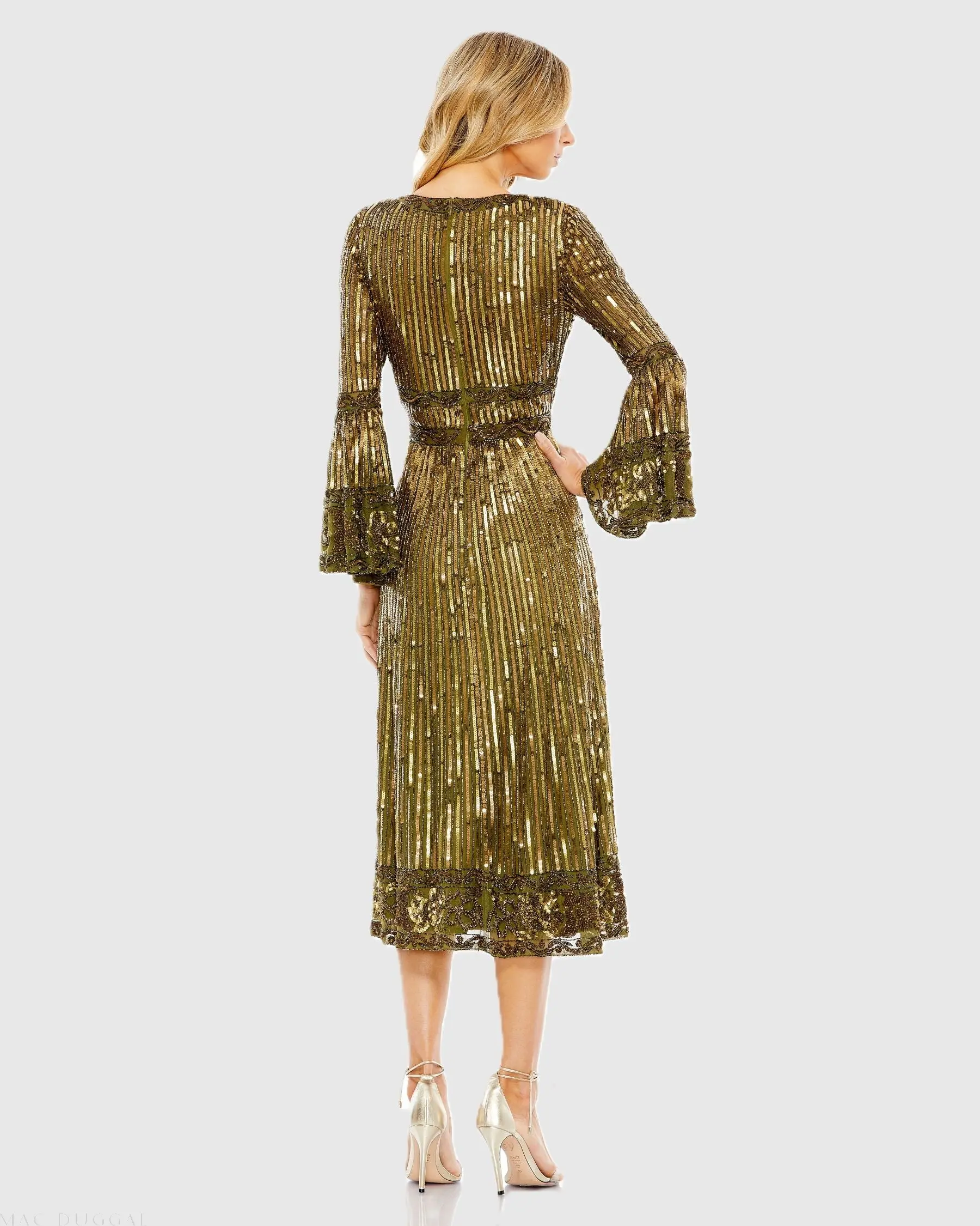 Green Embellished 3/4 Sleeve V Neck A Line Dress - FINAL SALE - Image 3