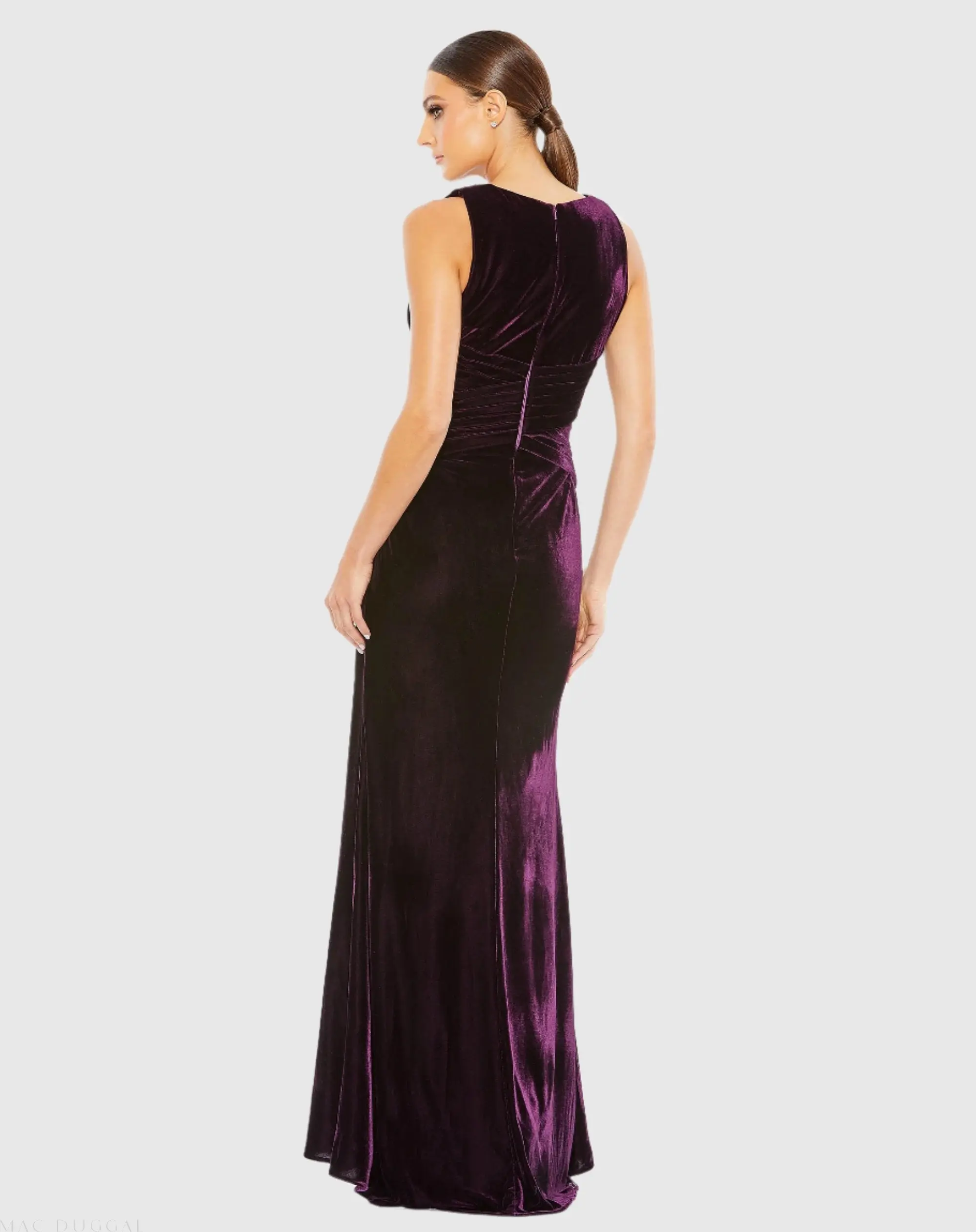 Purple Sleeveless Plunge Neck Pleated Velvet Gown - Image 3