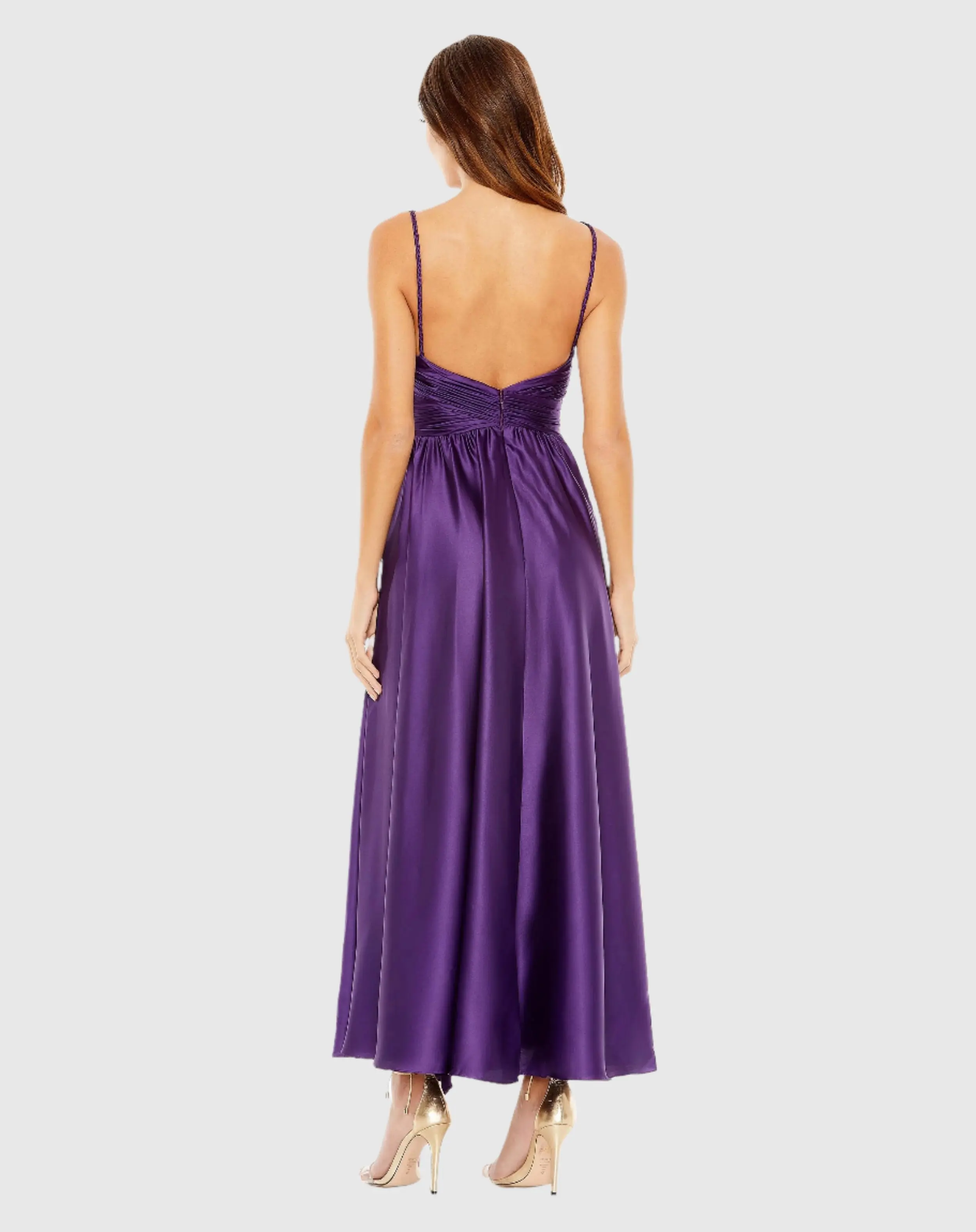 Purple Ruched Top Satin Pleated Tea Length Dress - Image 3