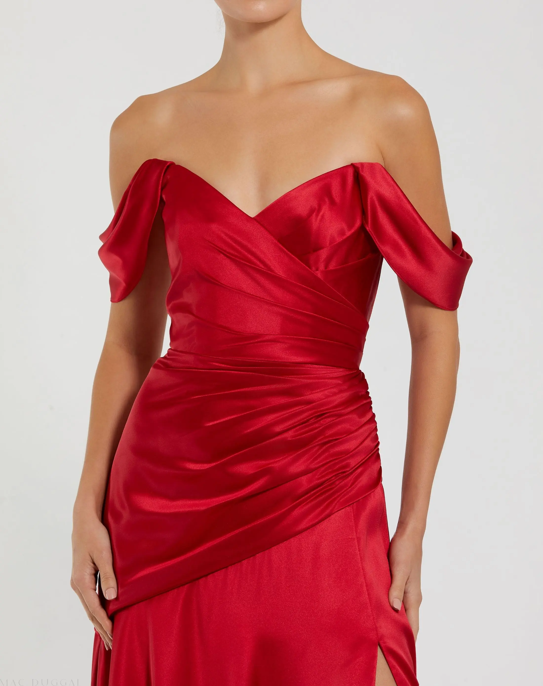 Red Satin Off The Shoulder Crossover Gown - Image 2