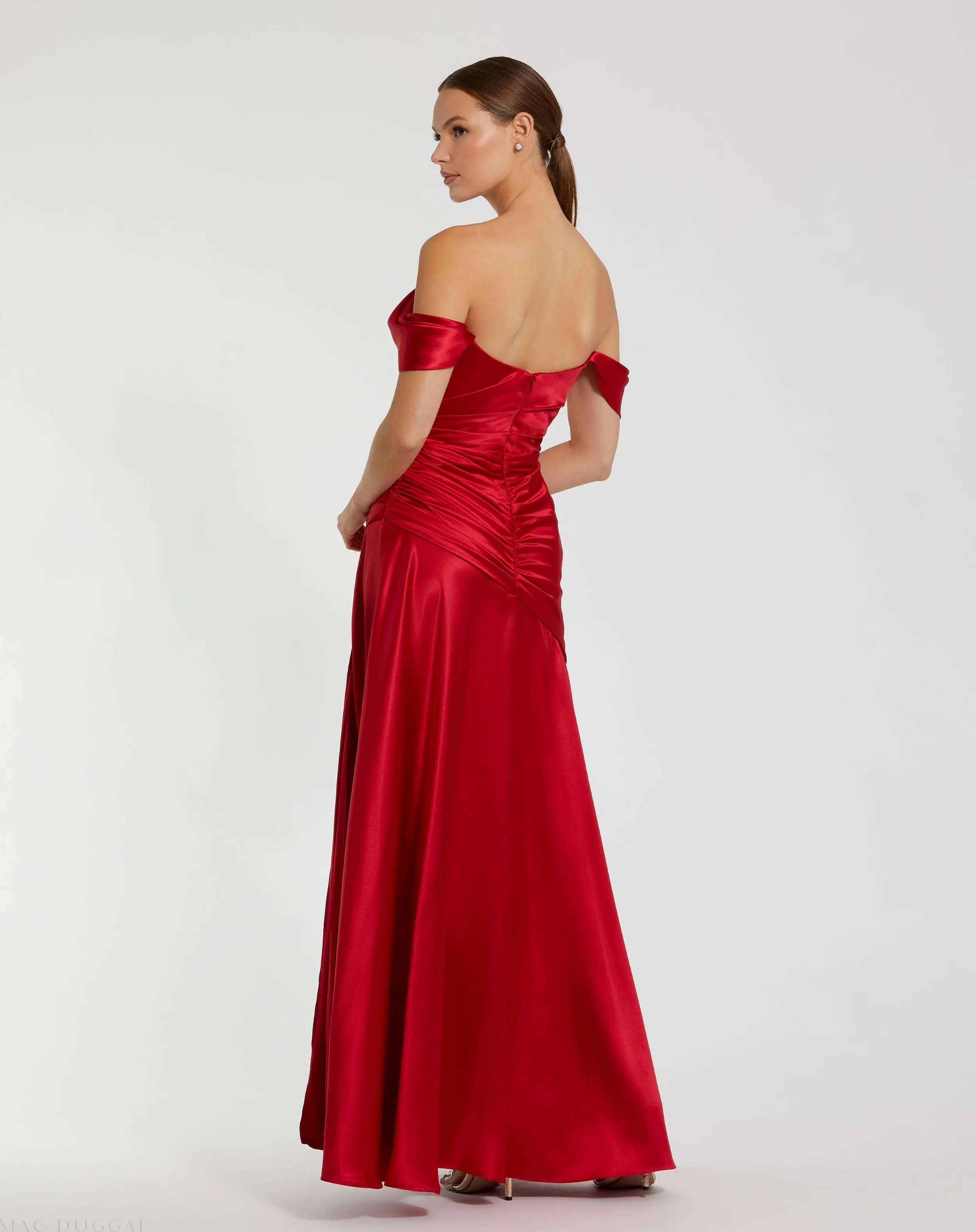Red Satin Off The Shoulder Crossover Gown - Image 3