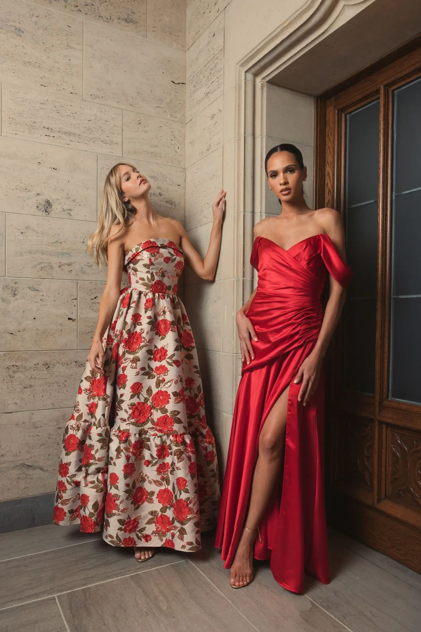 Red Satin Off The Shoulder Crossover Gown - Image 4